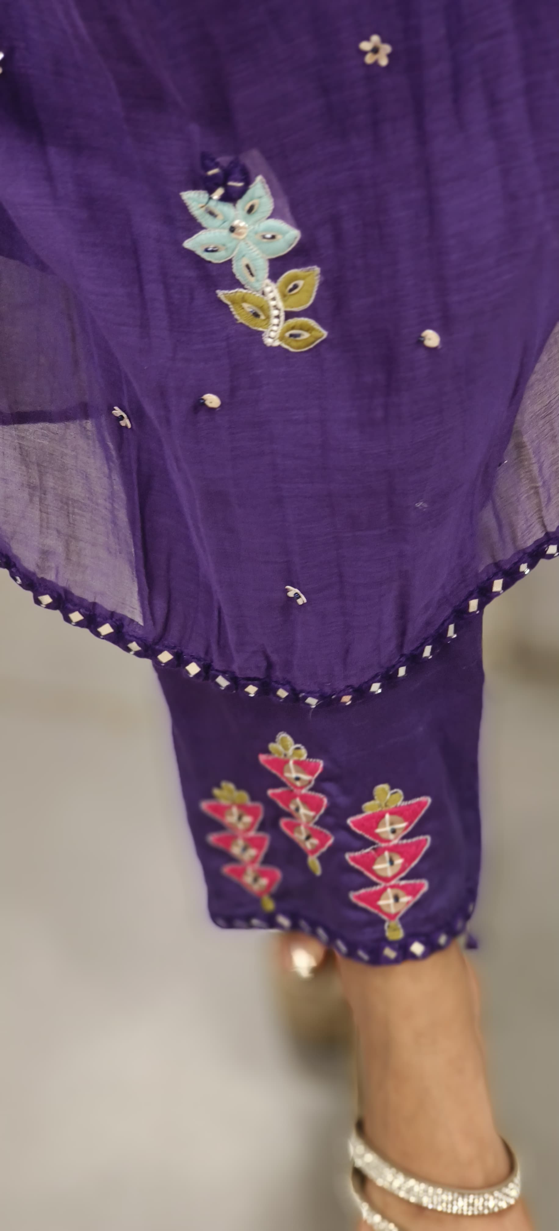 Front U-Yoke Embroidery Minimal Work A-Line Kurta Pant Set In Mul Chanderi Fabric