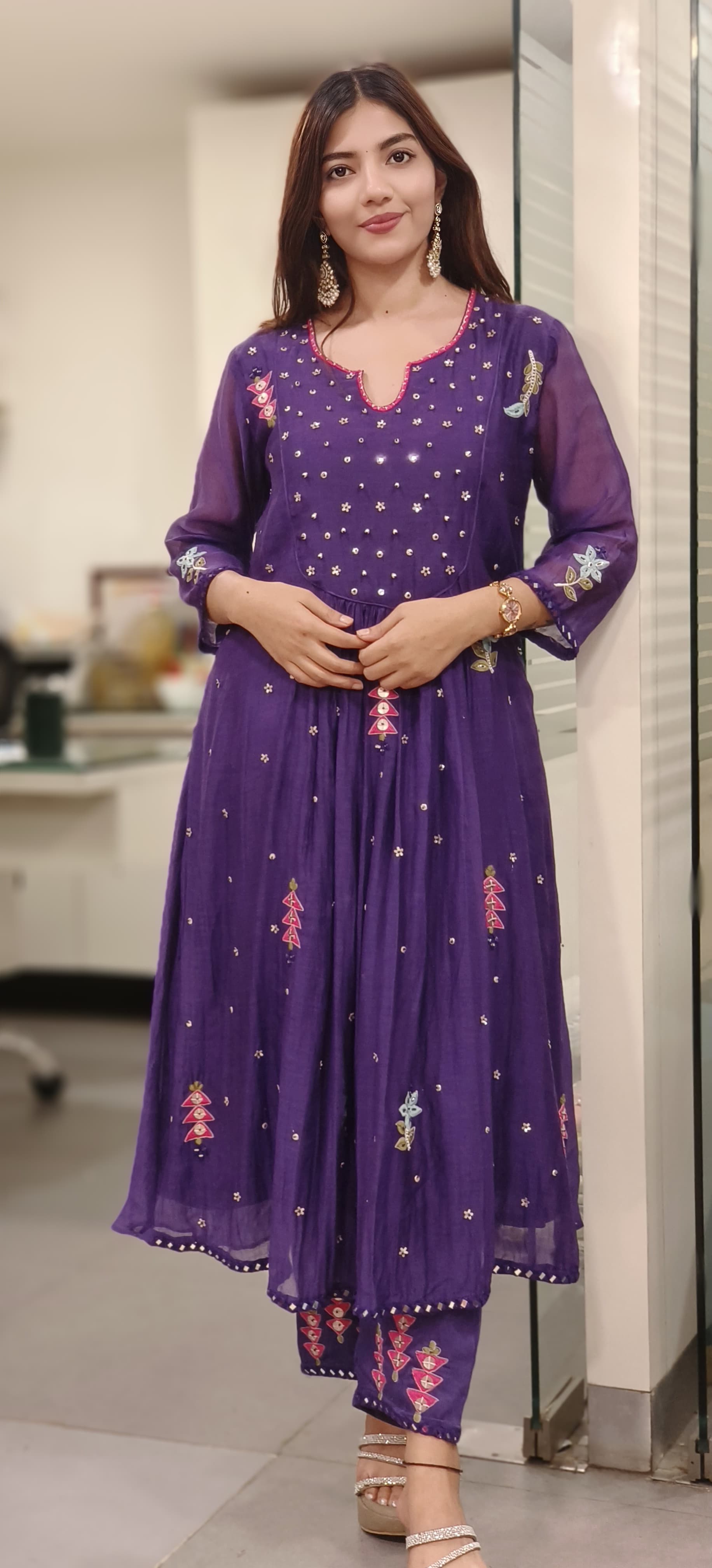 Front U-Yoke Embroidery Minimal Work A-Line Kurta Pant Set In Mul Chanderi Fabric