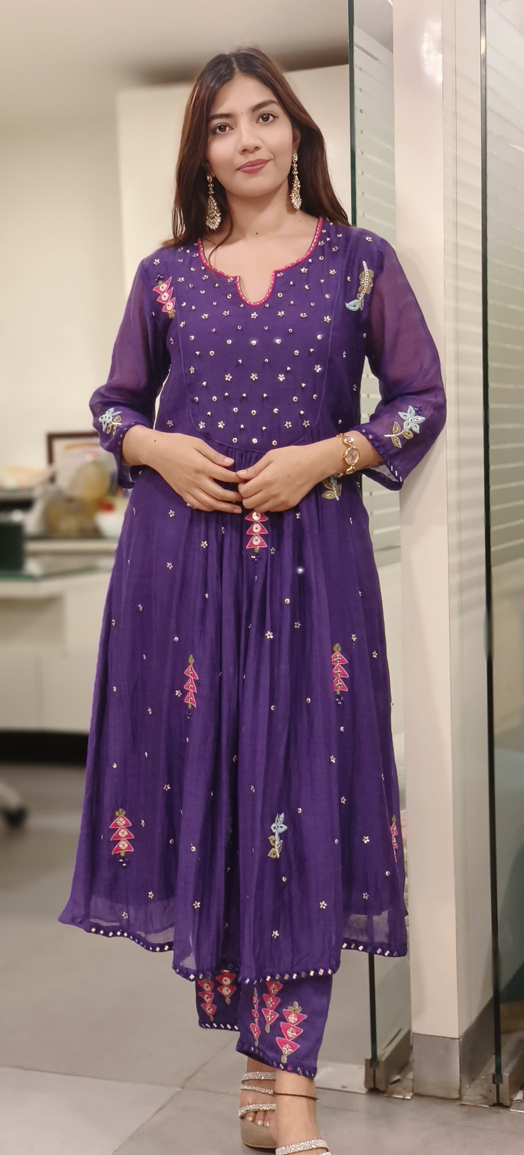 Front U-Yoke Embroidery Minimal Work A-Line Kurta Pant Set In Mul Chanderi Fabric