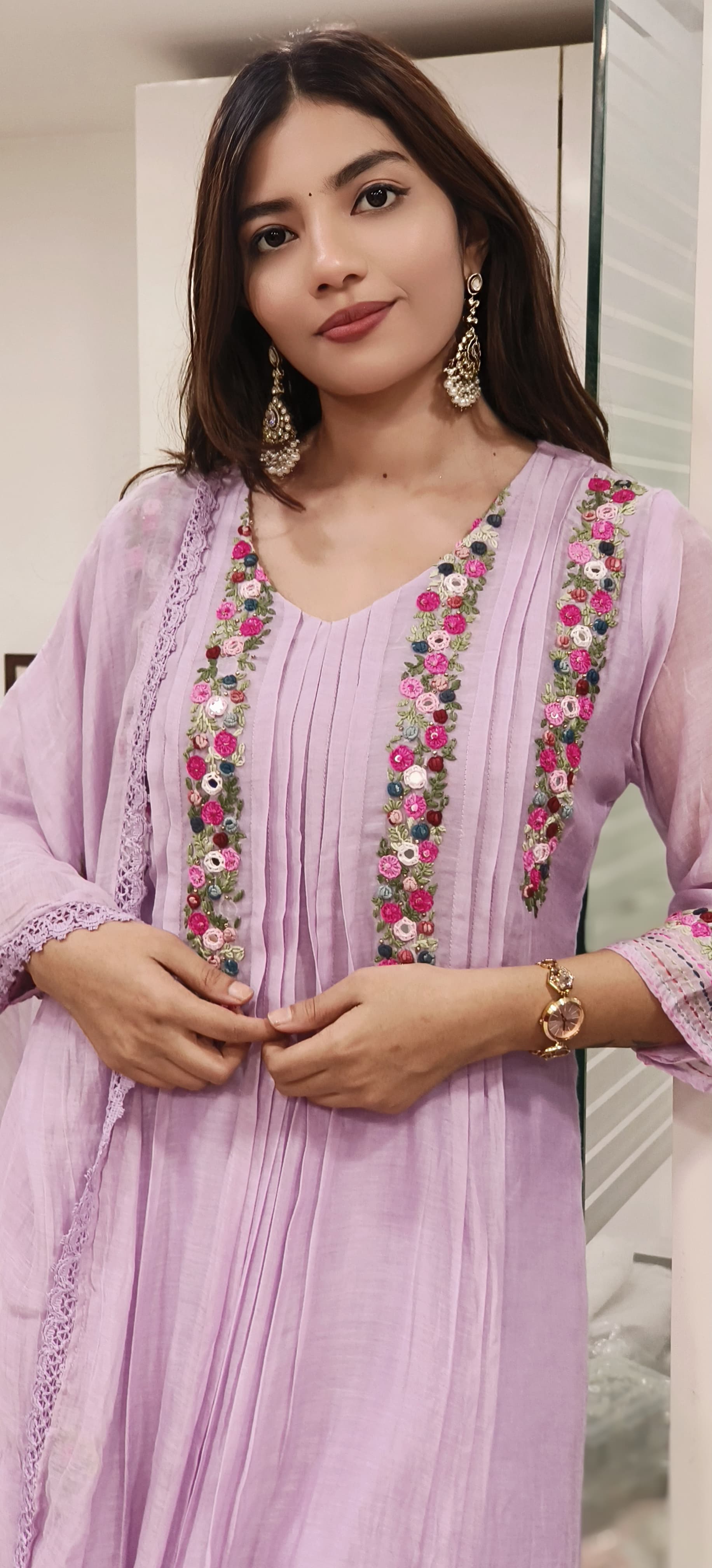 Floral Thread Hand Weaved A-Lined Full Suit Set With Dupatta In Mul Chanderi Fabric