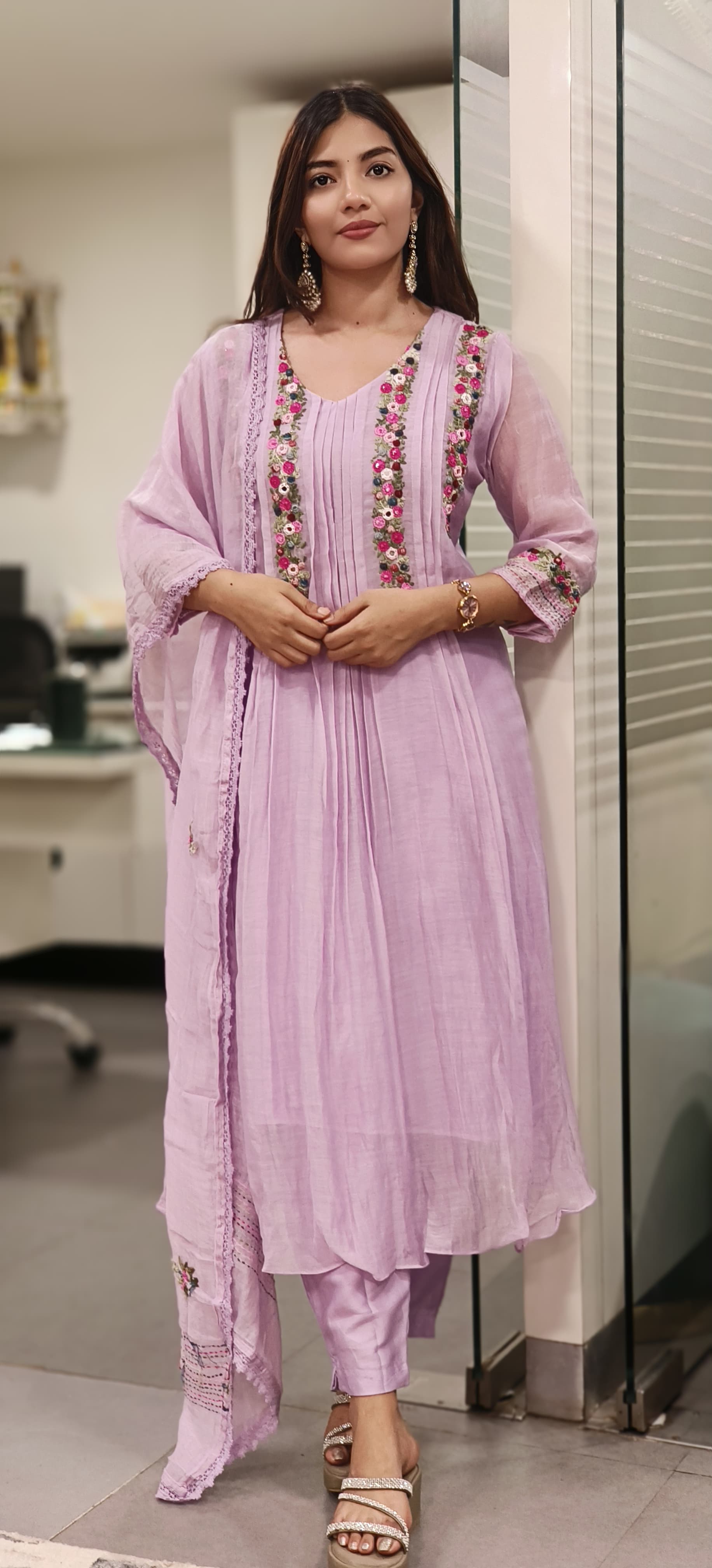 Floral Thread Hand Weaved A-Lined Full Suit Set With Dupatta In Mul Chanderi Fabric