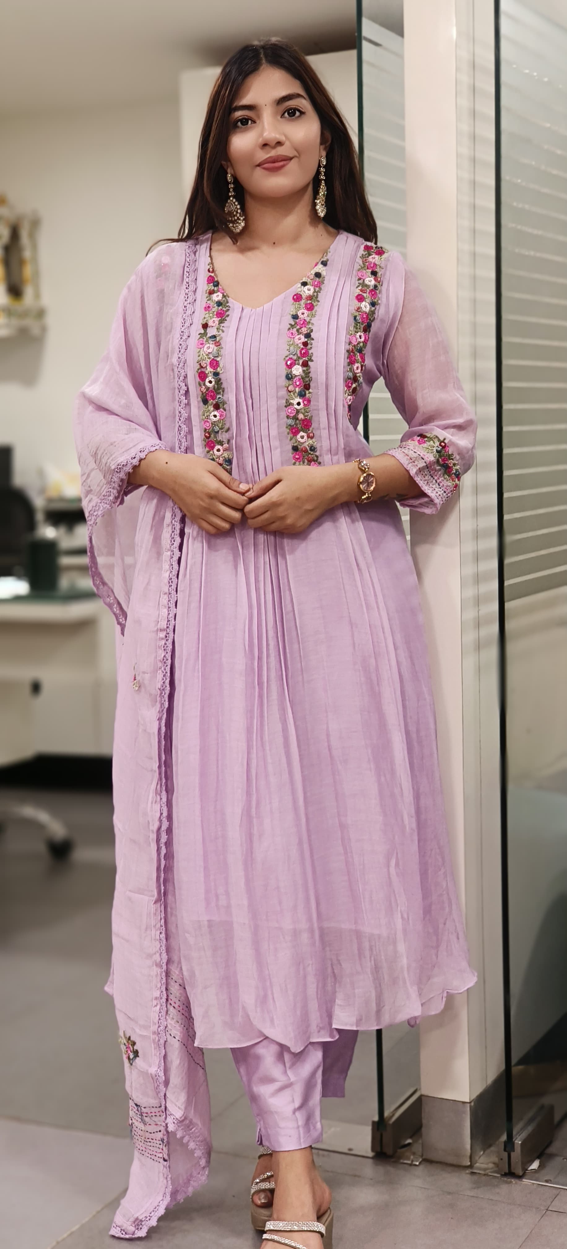 Floral Thread Hand Weaved A-Lined Full Suit Set With Dupatta In Mul Chanderi Fabric