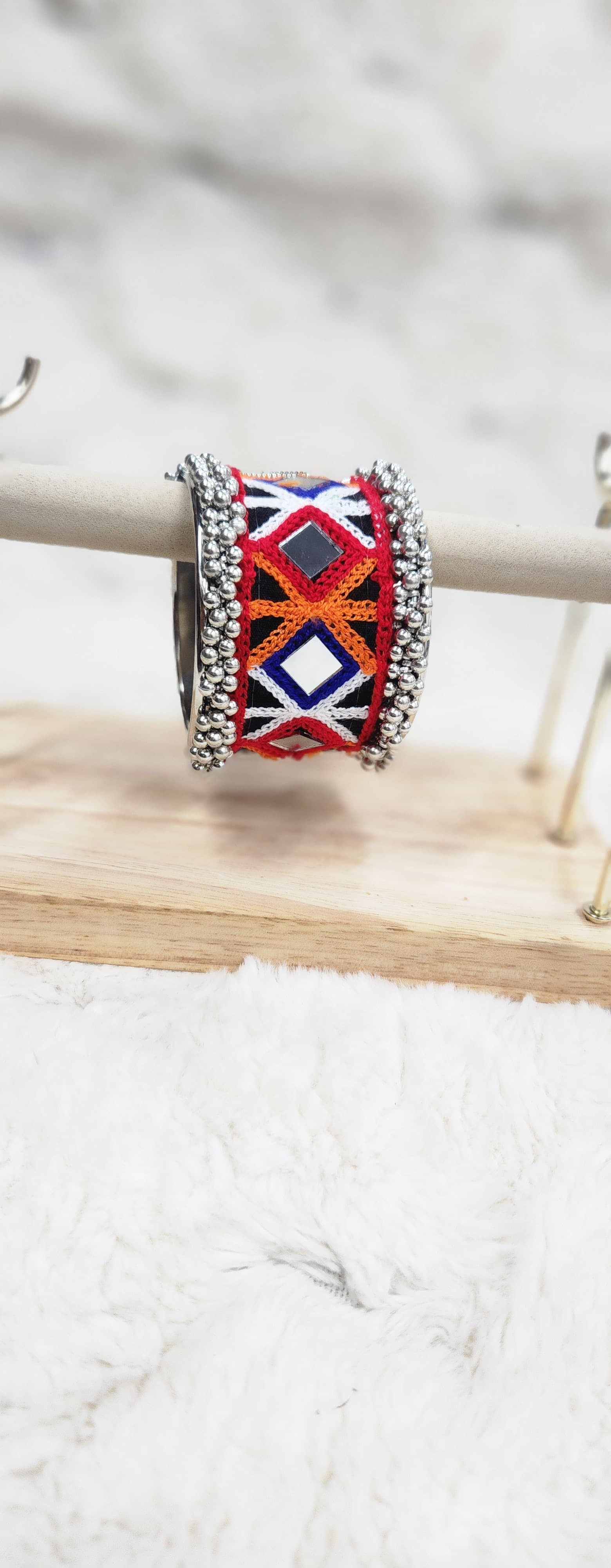 Tribal Mirror Work Banjara Cuff Bracelet with Antique Silver Beads & Multicolor Embroidery