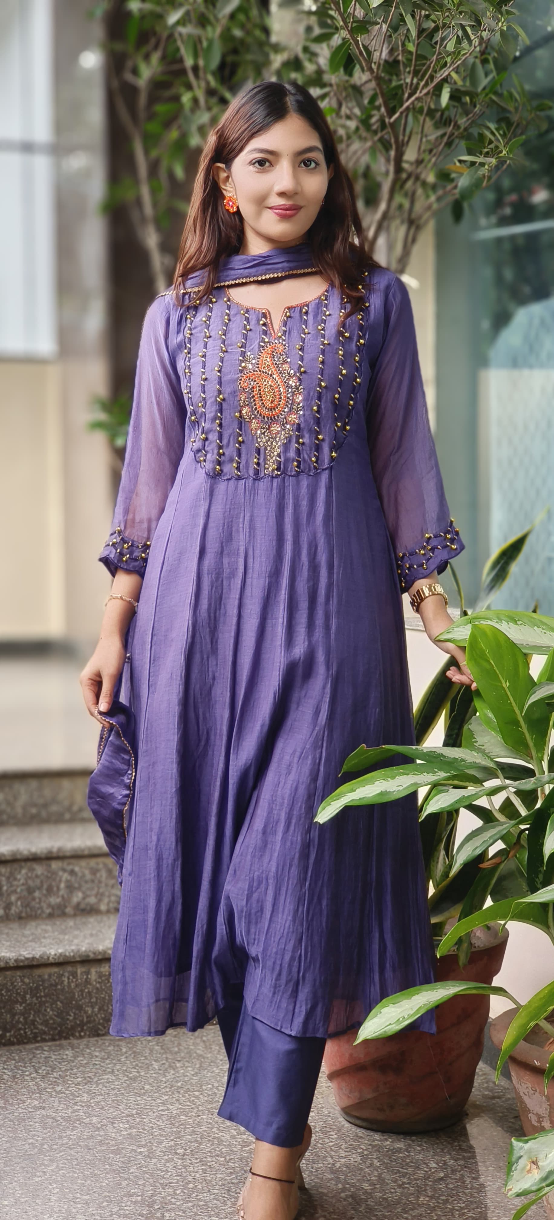 U-Neck With Ghungru Yoke A-Line Mul Chanderi Full Suit Set