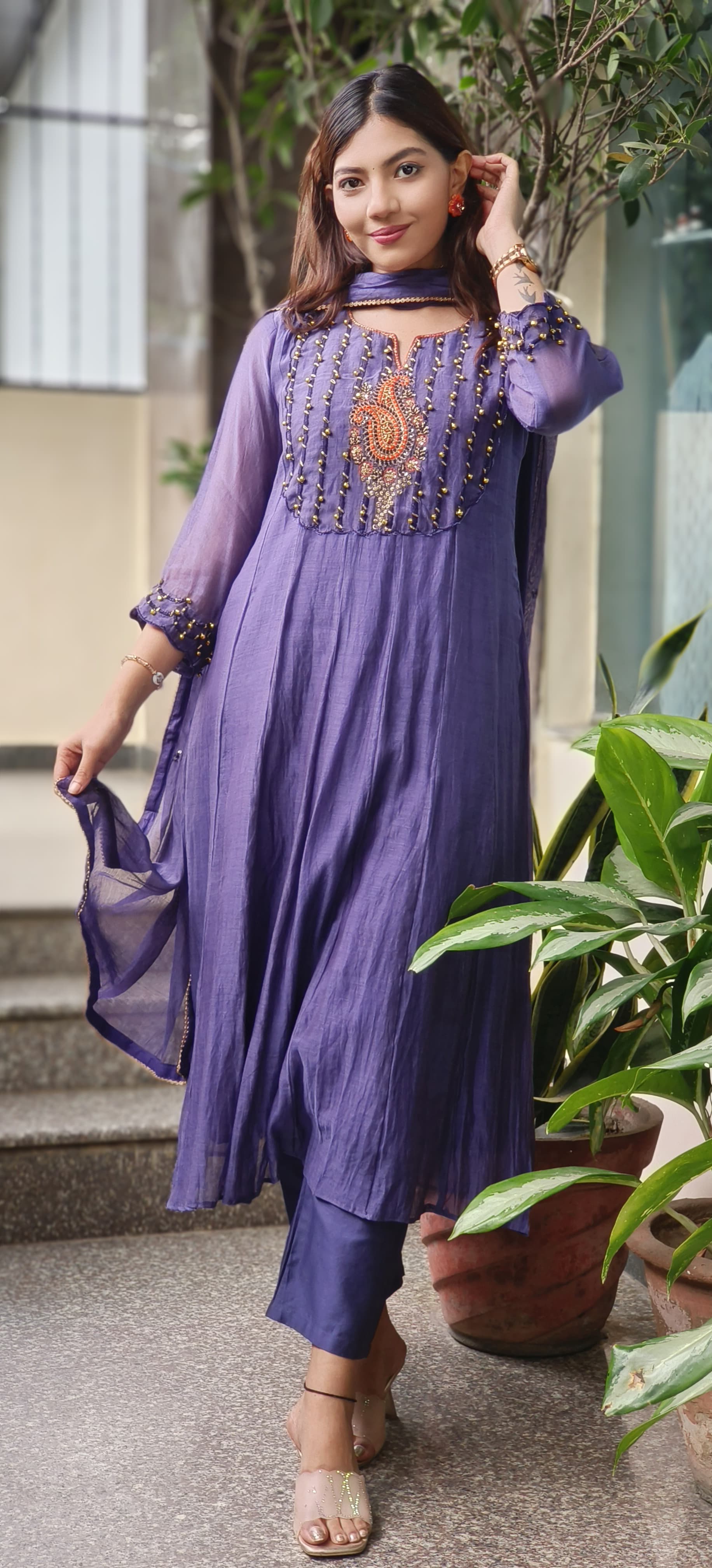 U-Neck With Ghungru Yoke A-Line Mul Chanderi Full Suit Set