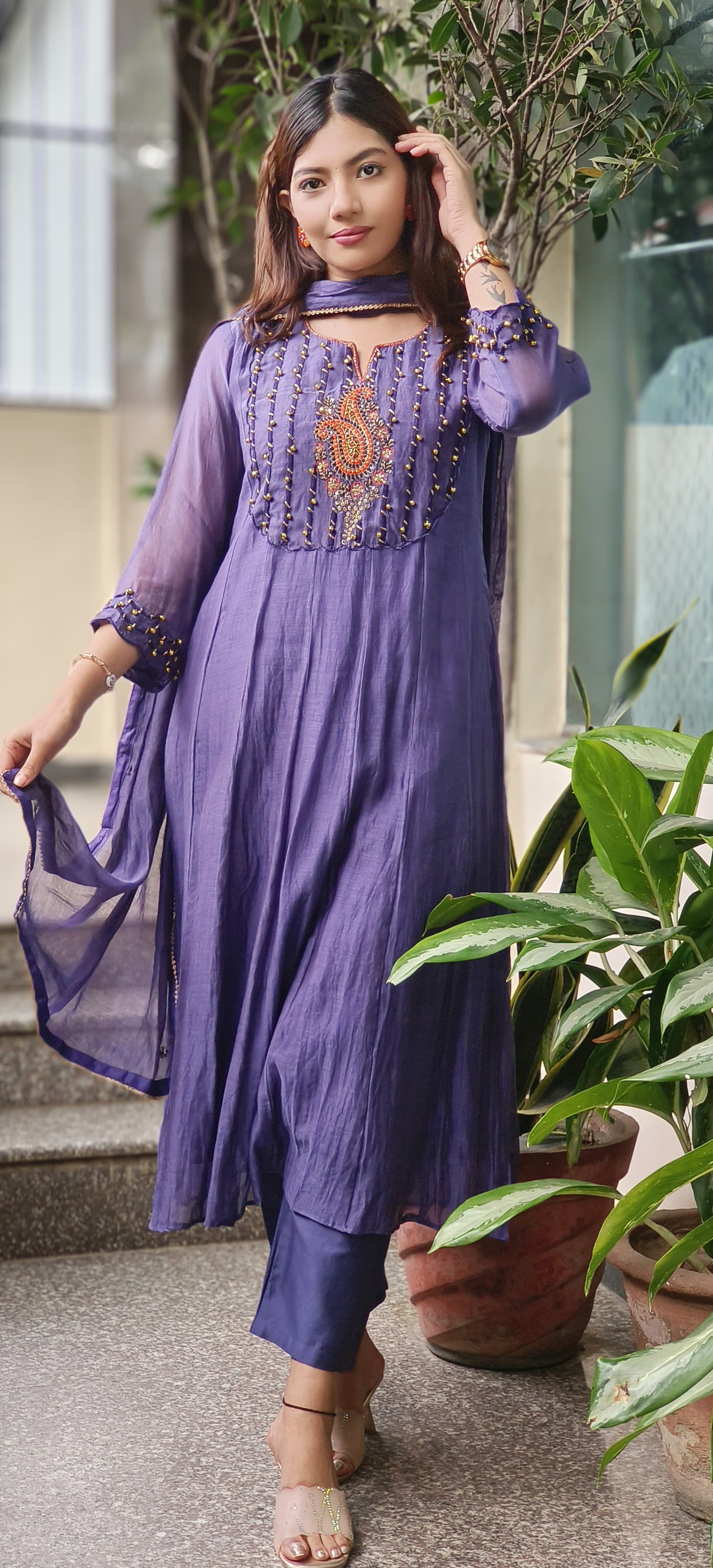 U-Neck With Ghungru Yoke A-Line Mul Chanderi Full Suit Set