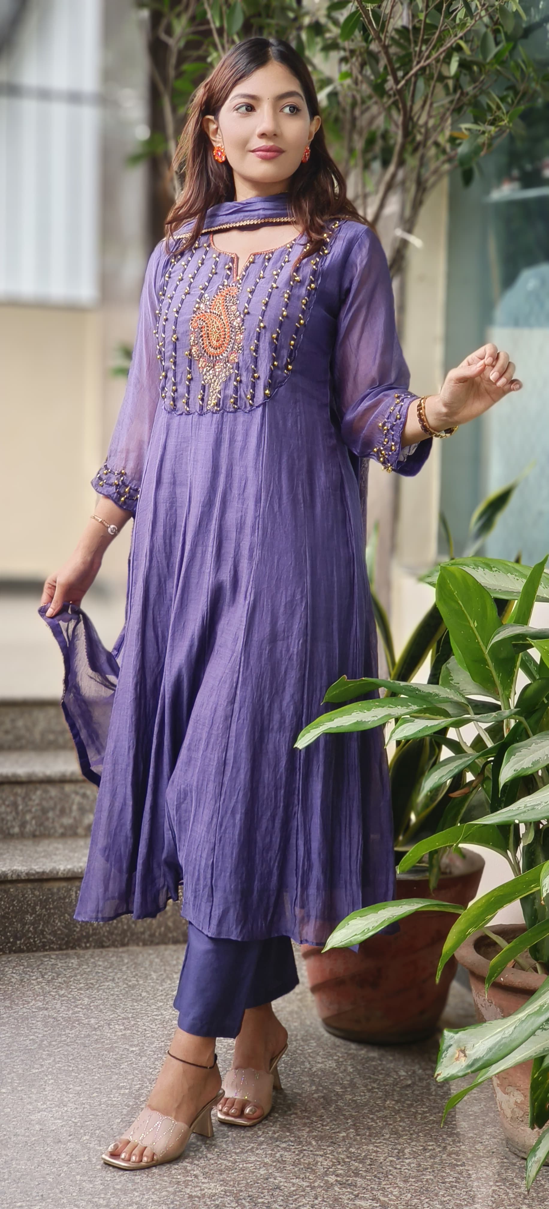 U-Neck With Ghungru Yoke A-Line Mul Chanderi Full Suit Set