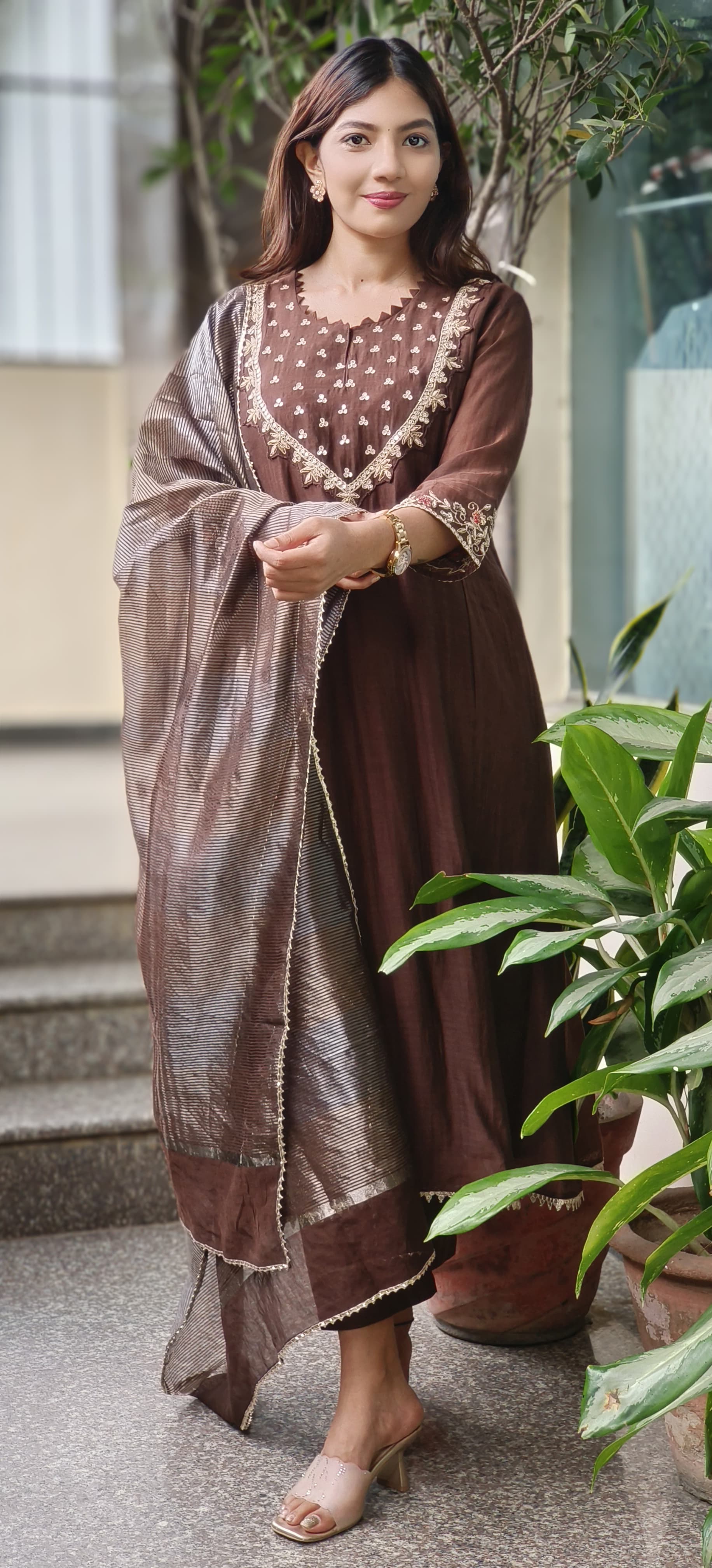 Zardosi Cutwork Front Yoke A-Line Full Suit Set With Dupatta In Mul Chanderi Fabric