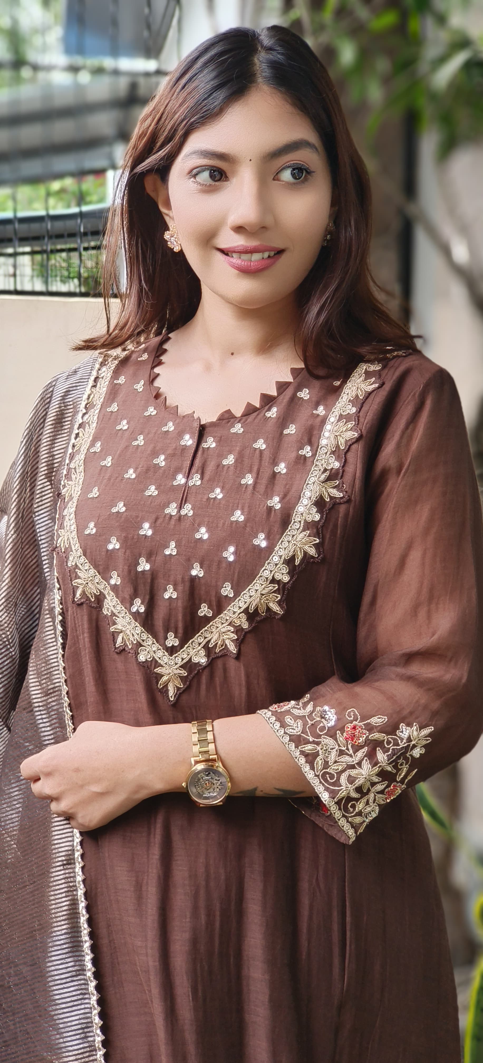 Zardosi Cutwork Front Yoke A-Line Full Suit Set With Dupatta In Mul Chanderi Fabric