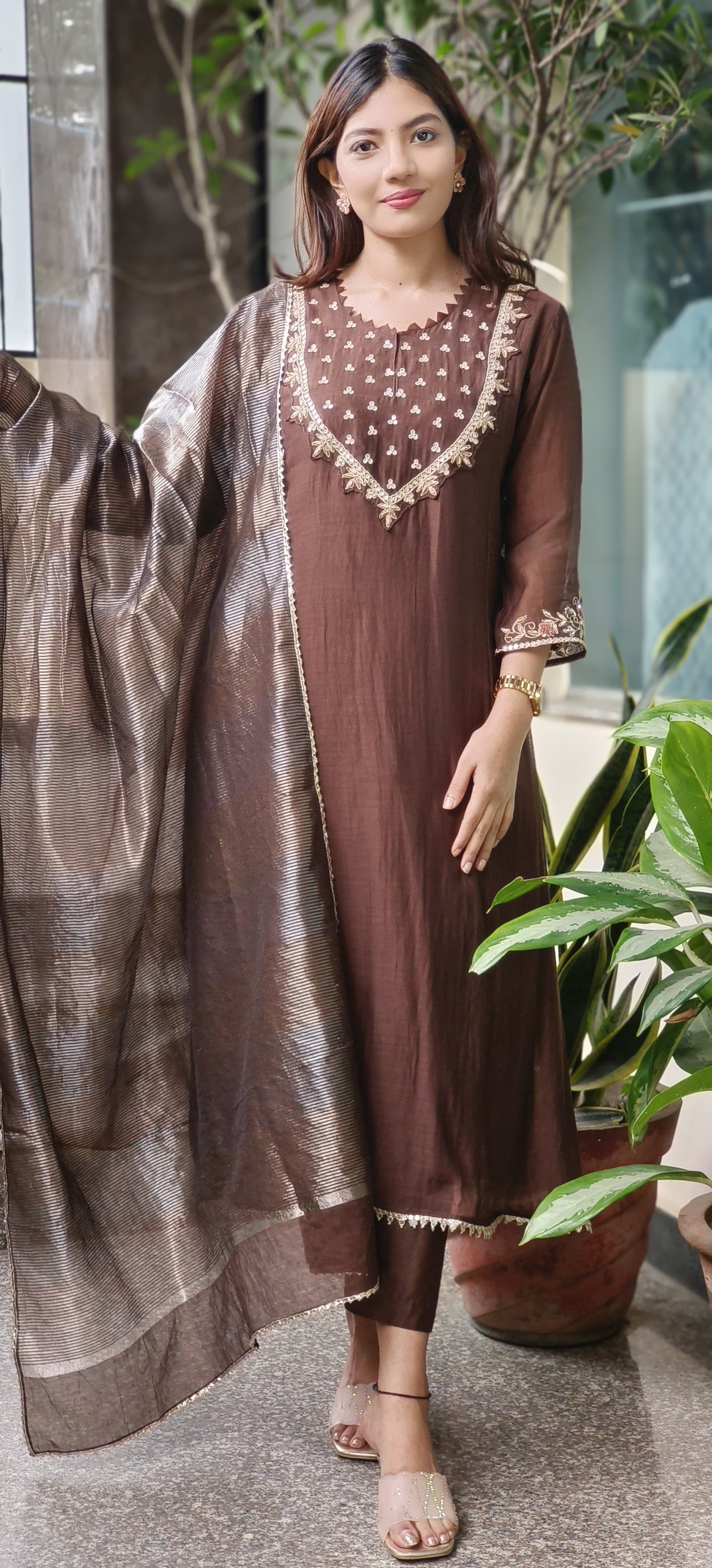 Zardosi Cutwork Front Yoke A-Line Full Suit Set With Dupatta In Mul Chanderi Fabric