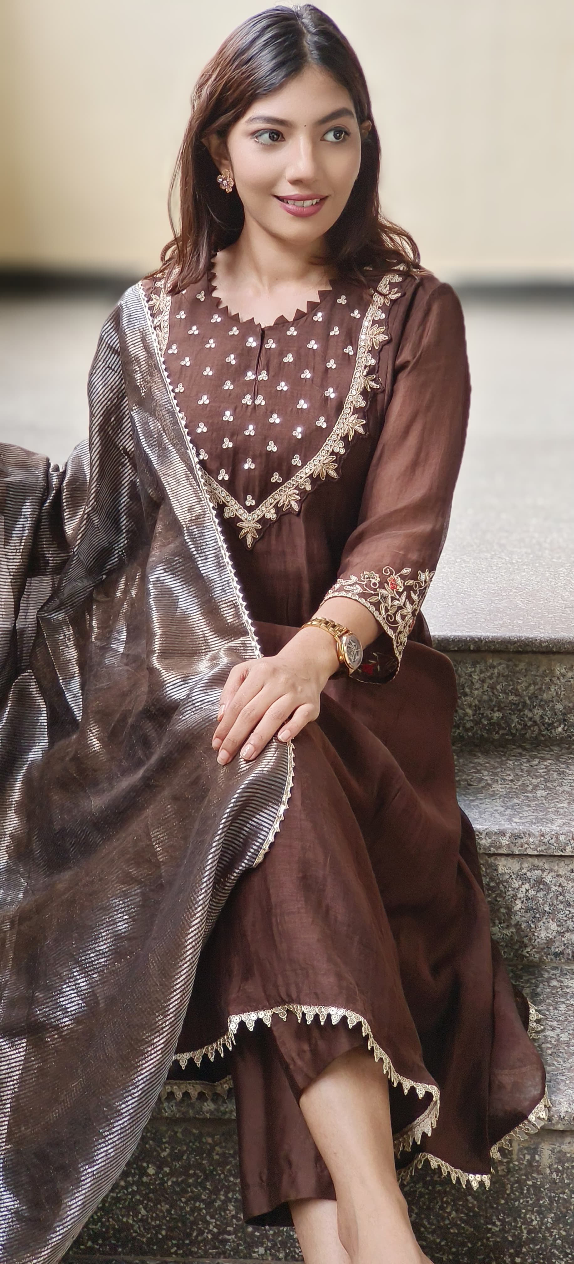 Zardosi Cutwork Front Yoke A-Line Full Suit Set With Dupatta In Mul Chanderi Fabric