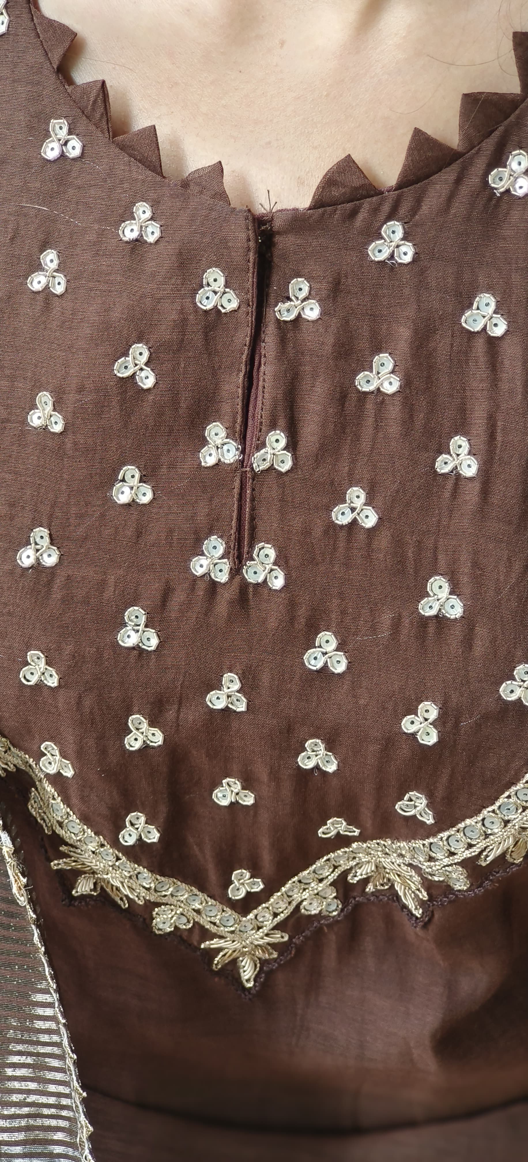 Zardosi Cutwork Front Yoke A-Line Full Suit Set With Dupatta In Mul Chanderi Fabric