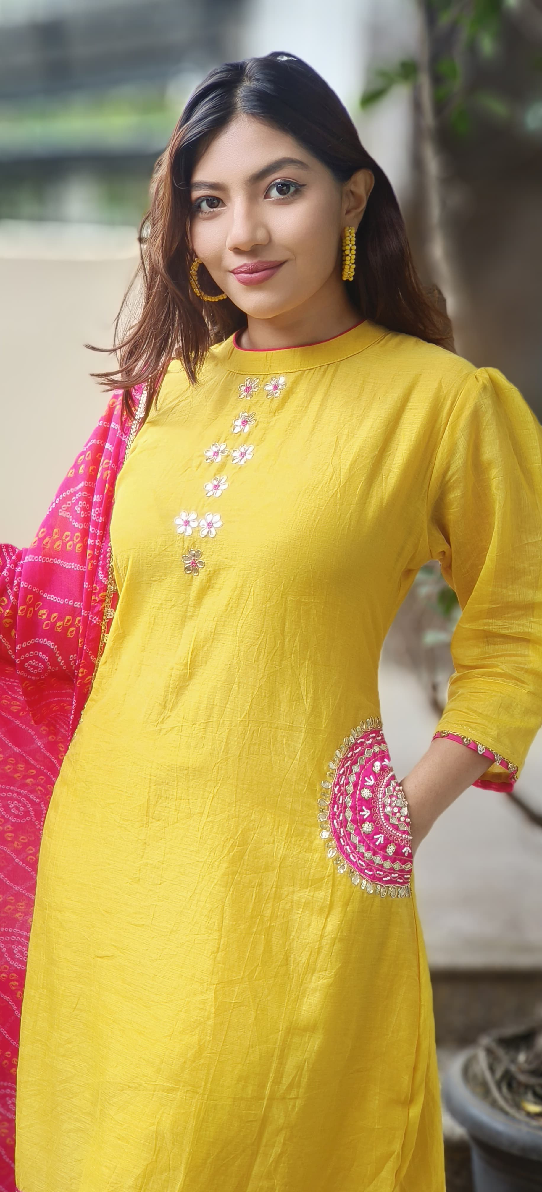 Minimal Work High & Low A-Line Full Suit Set With Bandhej Dupatta In Mul Chanderi Fabric