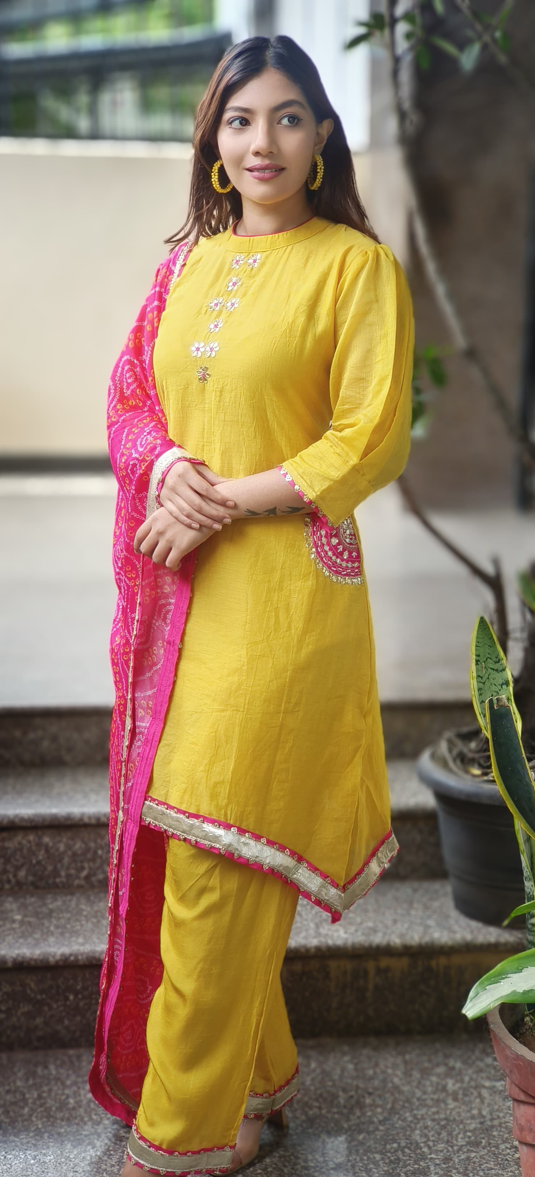 Minimal Work High & Low A-Line Full Suit Set With Bandhej Dupatta In Mul Chanderi Fabric