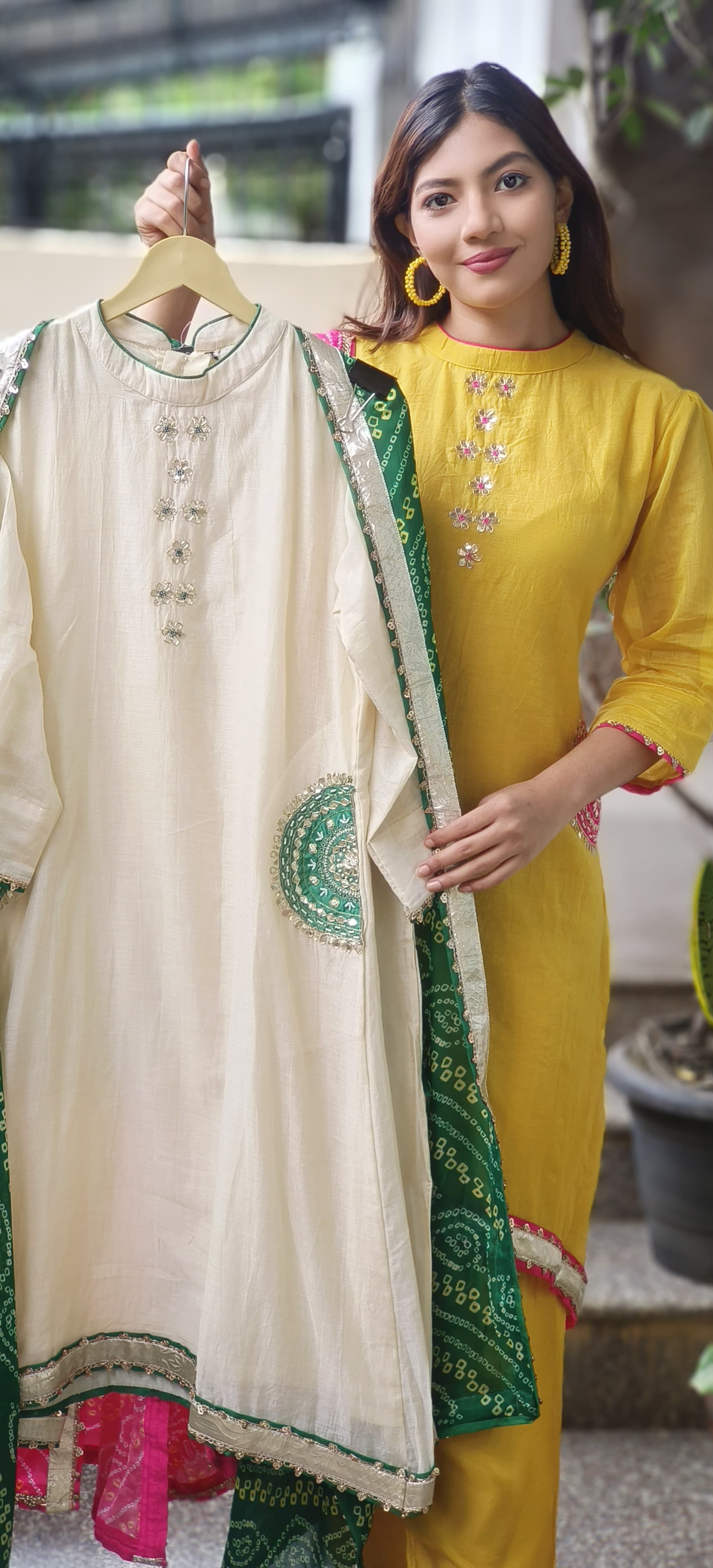 Minimal Work High & Low A-Line Full Suit Set With Bandhej Dupatta In Mul Chanderi Fabric