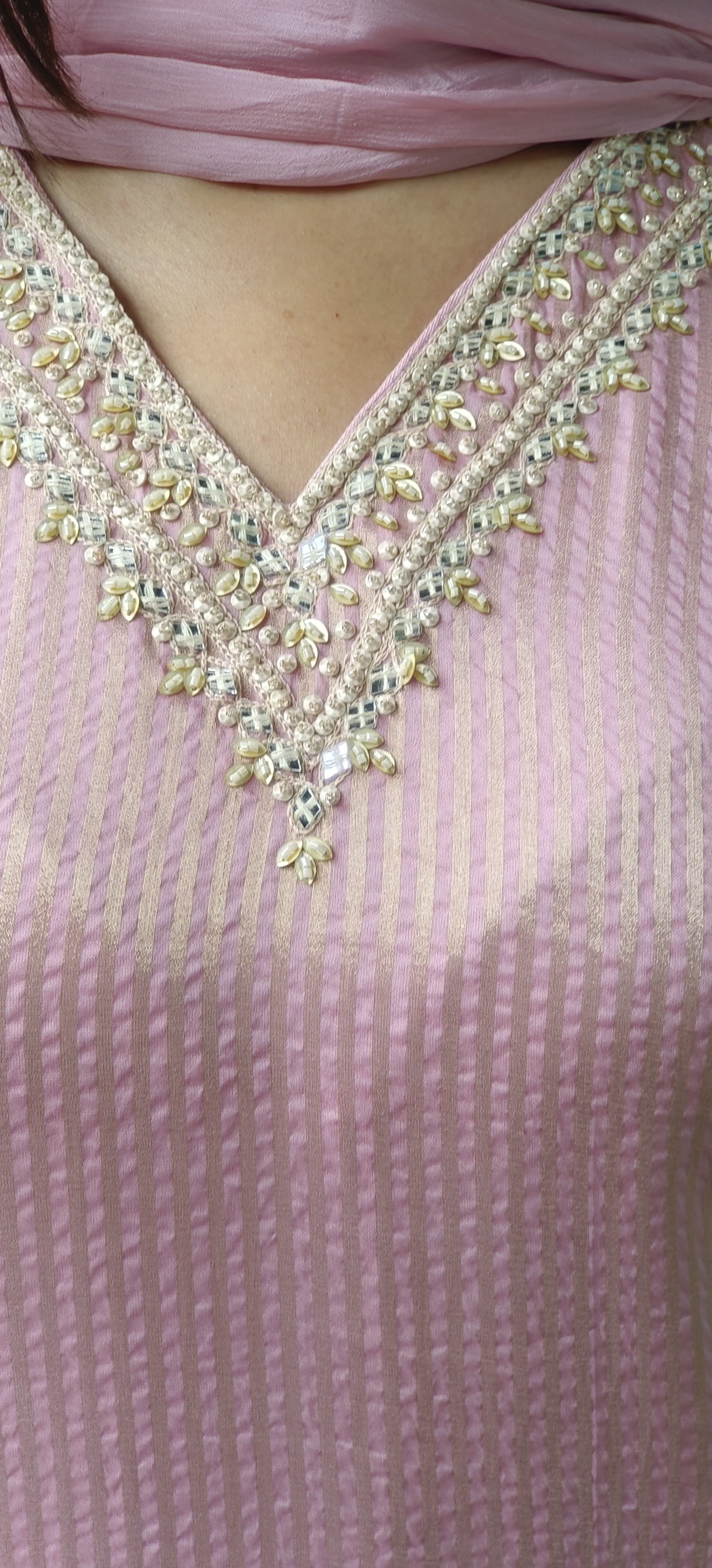 Pastel Glance V-Neck Beautiful Handwork Striped Tissue Full Suit Set With Dupatta- 10504(Dispatching after 15 days)