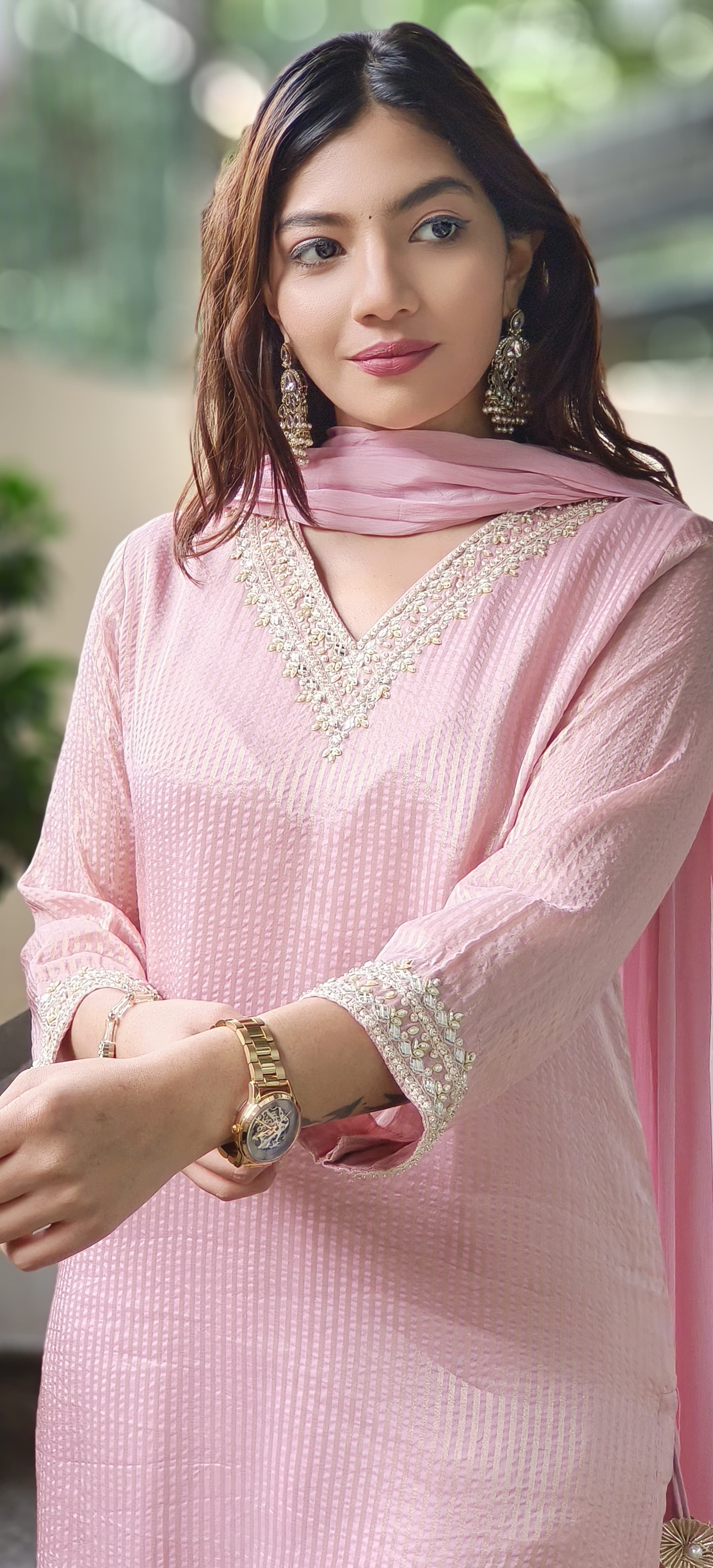 Pastel Glance V-Neck Beautiful Handwork Striped Tissue Full Suit Set With Dupatta- 10504(Dispatching after 15 days)