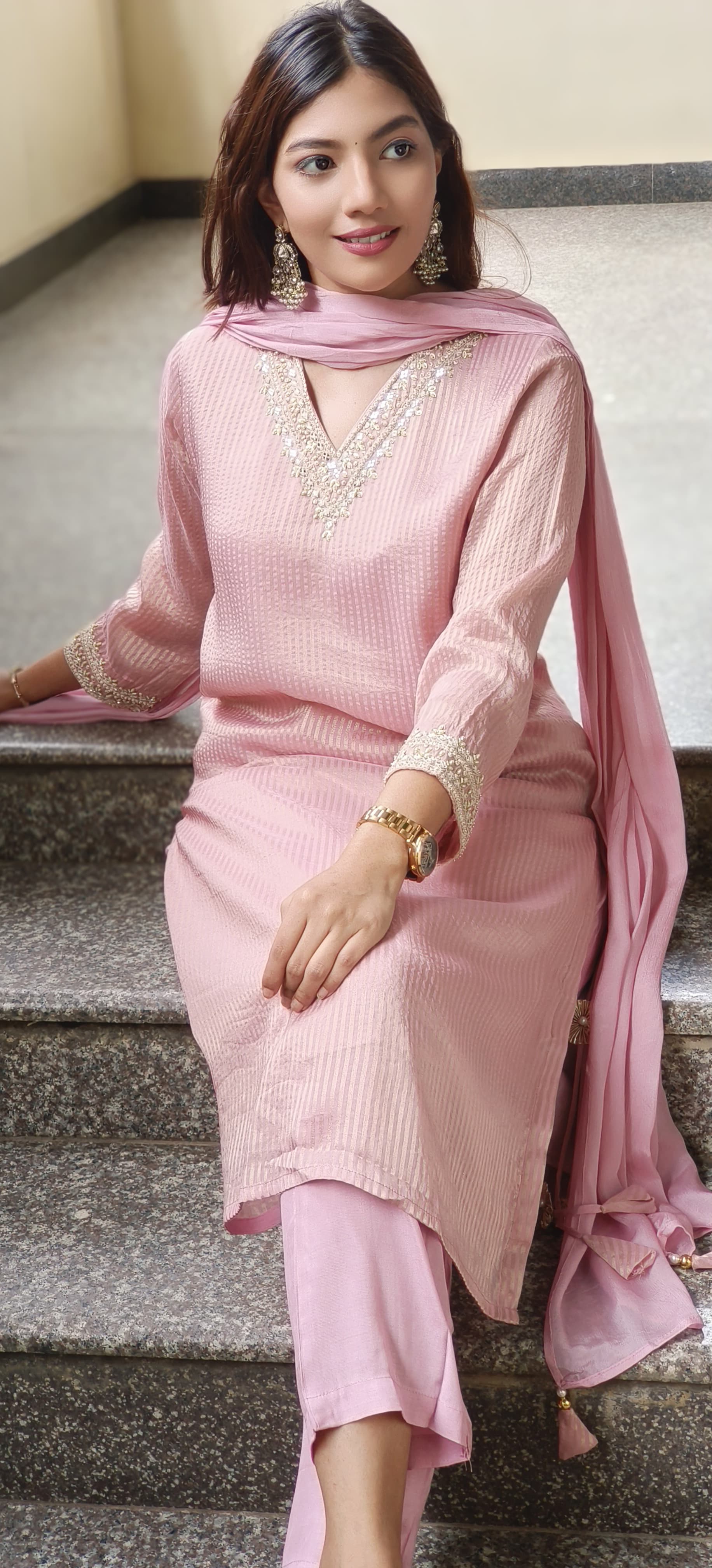 Pastel Glance V-Neck Beautiful Handwork Striped Tissue Full Suit Set With Dupatta- 10504(Dispatching after 15 days)