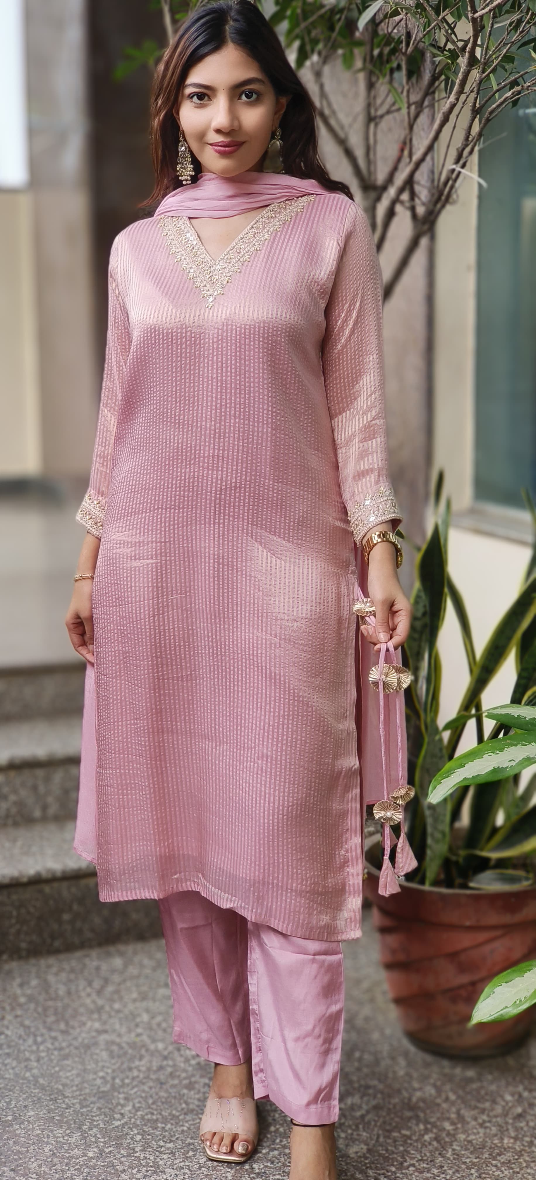 Pastel Glance V-Neck Beautiful Handwork Striped Tissue Full Suit Set With Dupatta- 10504(Dispatching after 15 days)