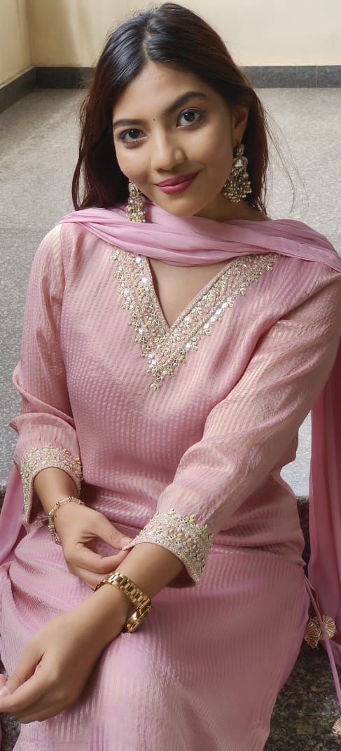 Pastel Glance V-Neck Beautiful Handwork Striped Tissue Full Suit Set With Dupatta- 10504(Dispatching after 15 days)