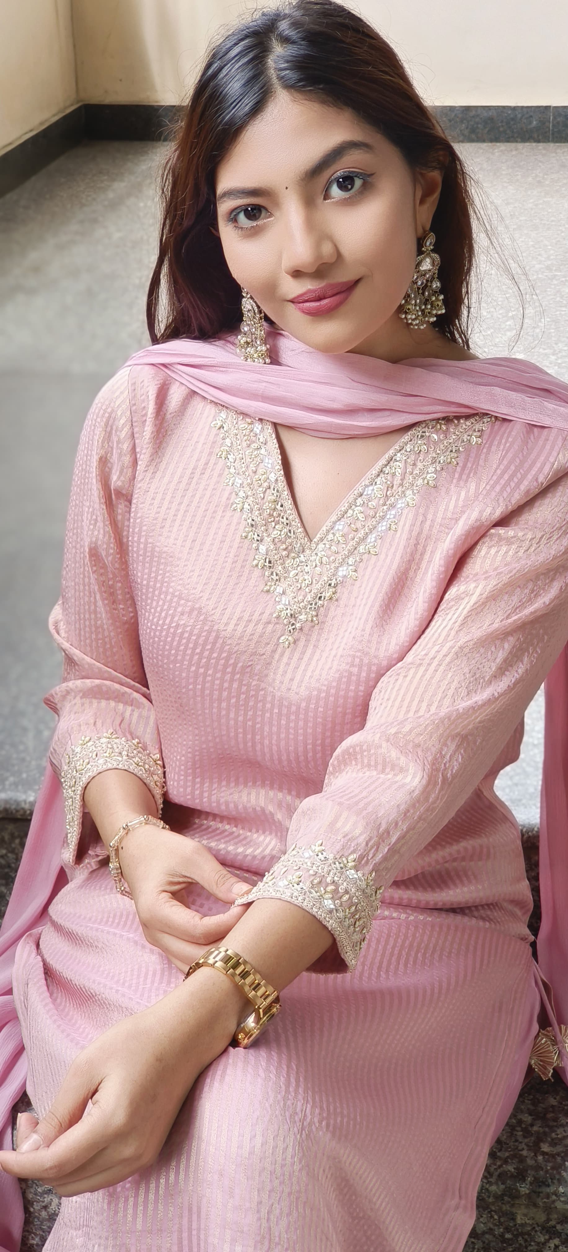 Pastel Glance V-Neck Beautiful Handwork Striped Tissue Full Suit Set With Dupatta- 10504(Dispatching after 15 days)