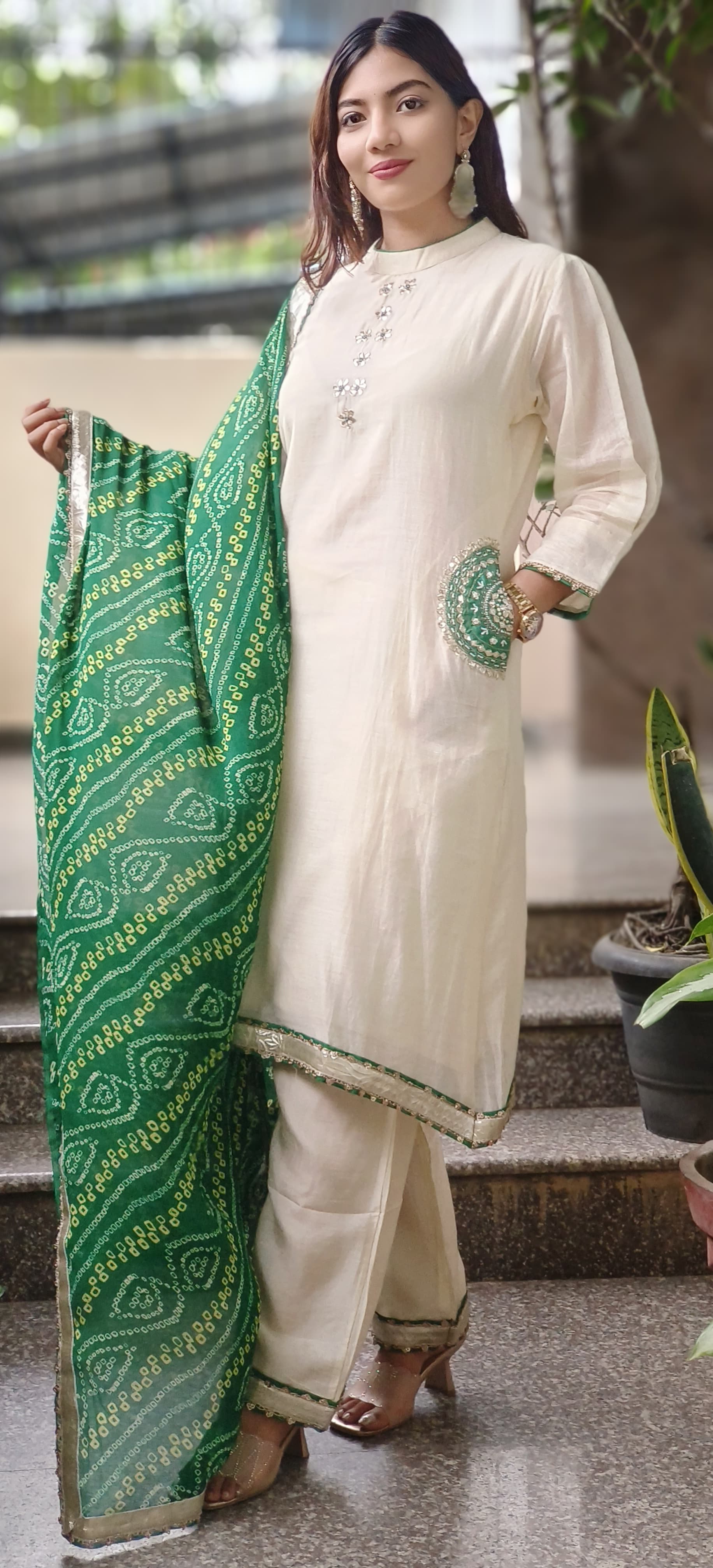 Minimal Work High & Low A-Line Full Suit Set With Bandhej Dupatta In Mul Chanderi Fabric