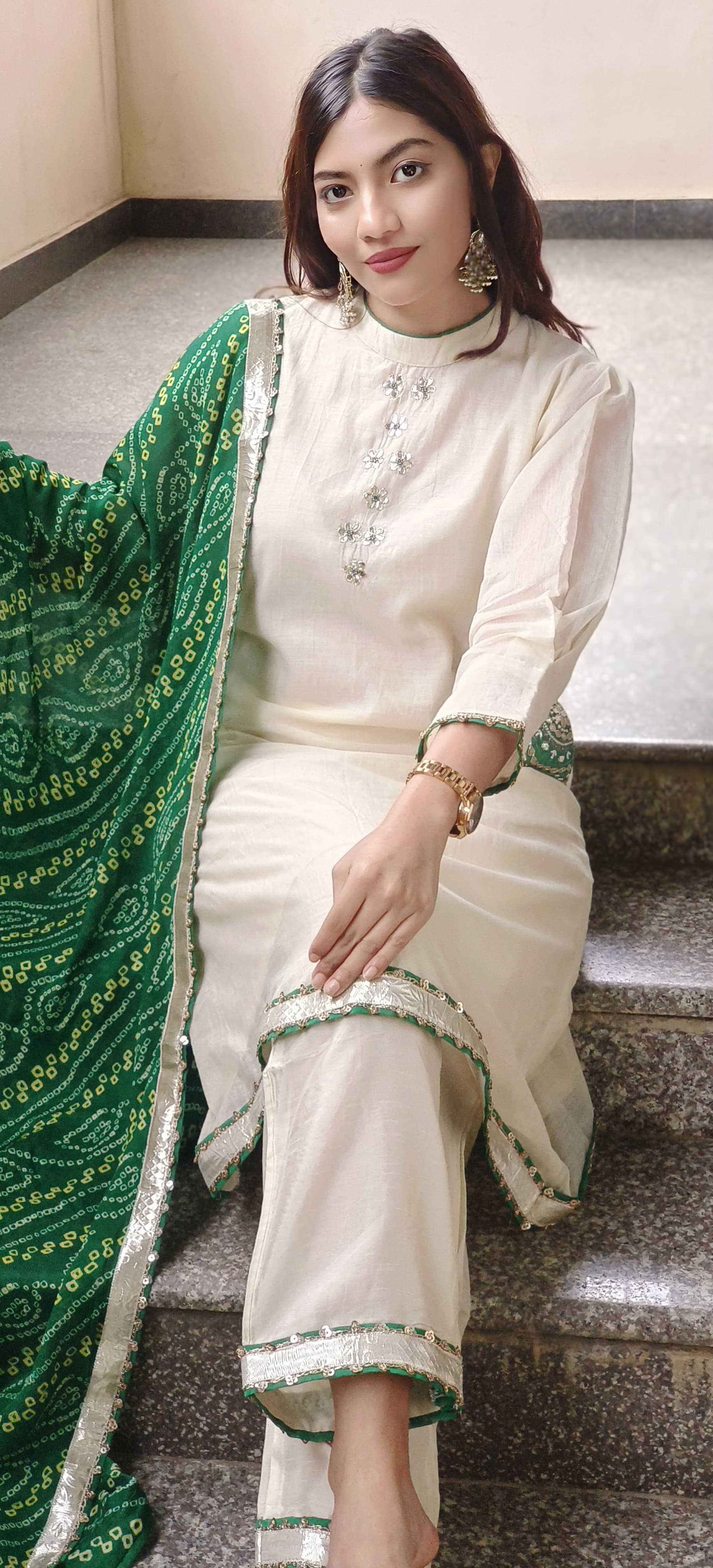 Minimal Work High & Low A-Line Full Suit Set With Bandhej Dupatta In Mul Chanderi Fabric