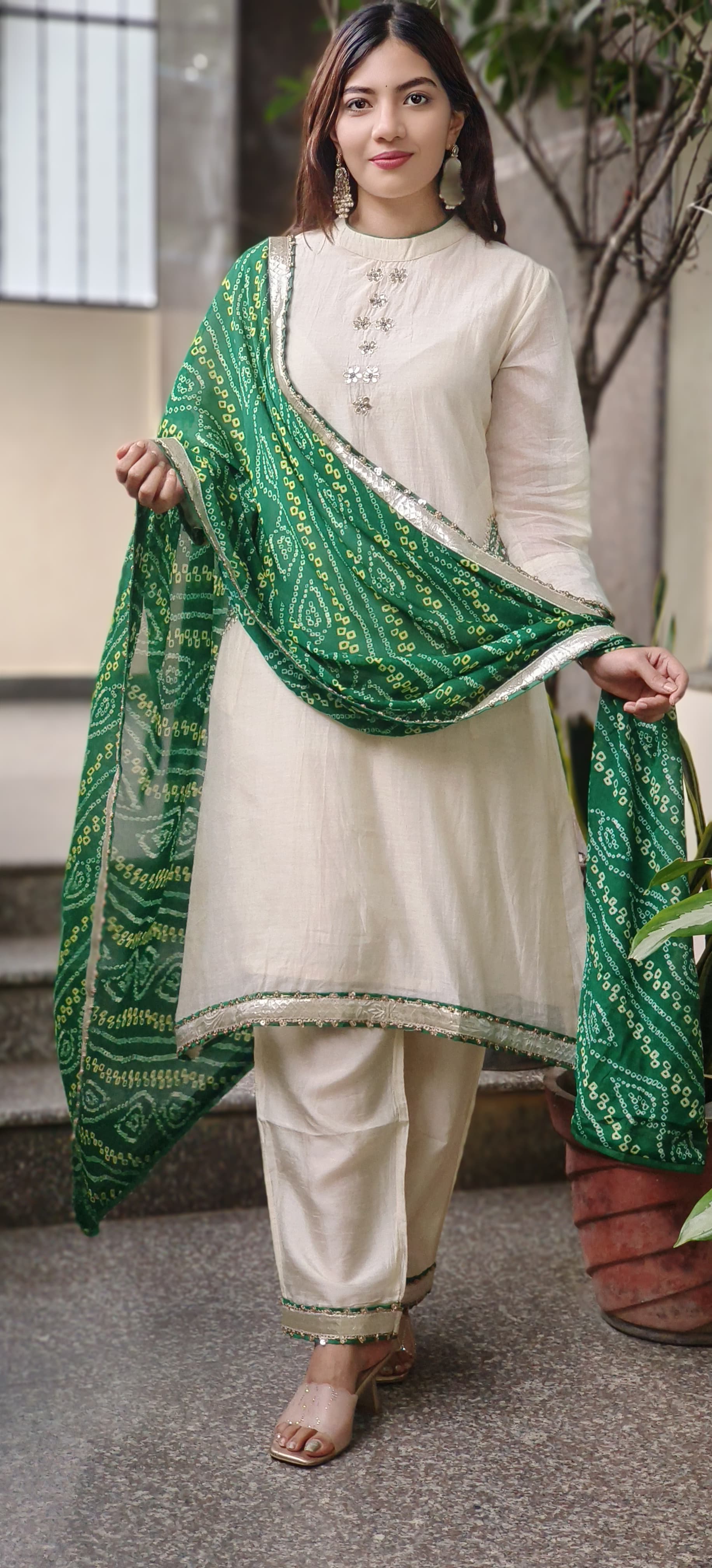 Minimal Work High & Low A-Line Full Suit Set With Bandhej Dupatta In Mul Chanderi Fabric