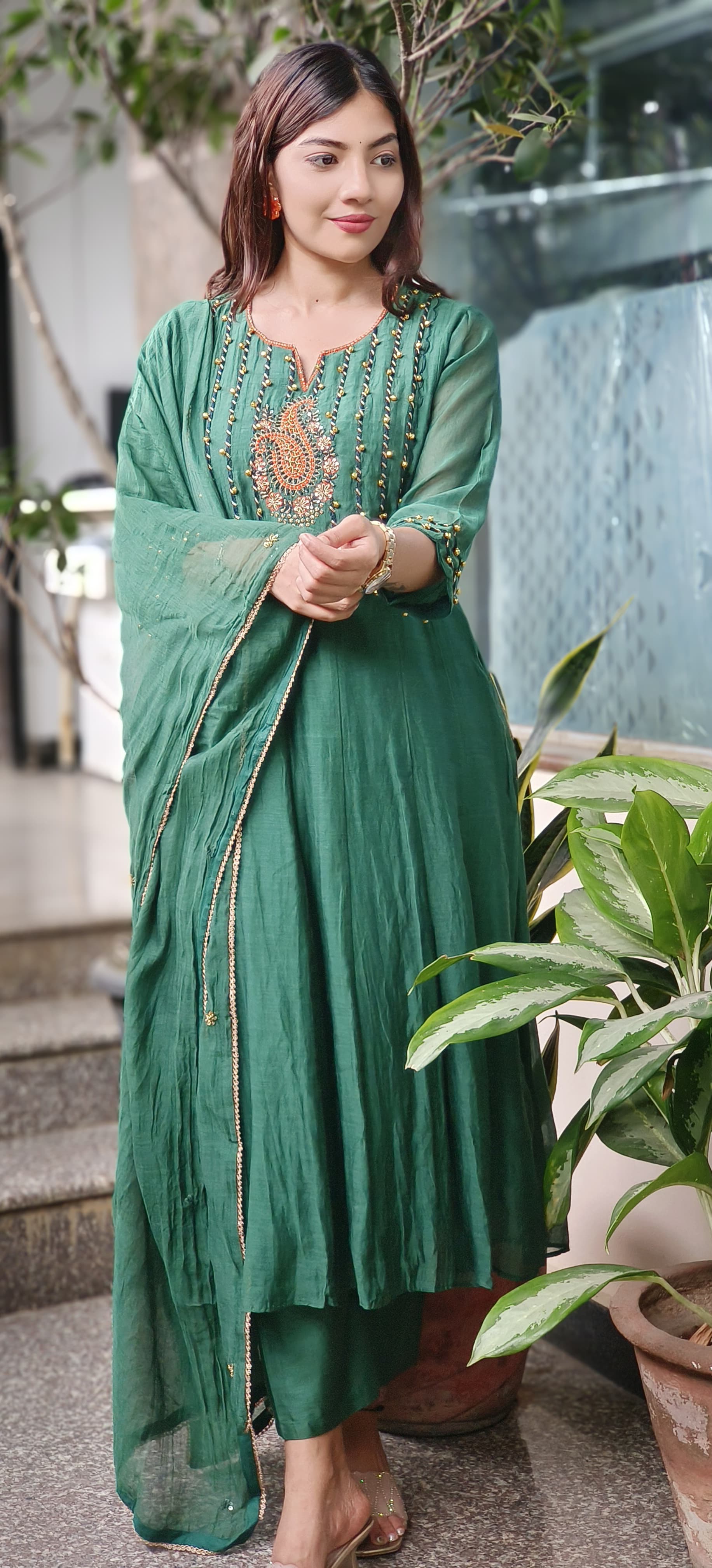 U-Neck With Ghungru Yoke A-Line Mul Chanderi Full Suit Set