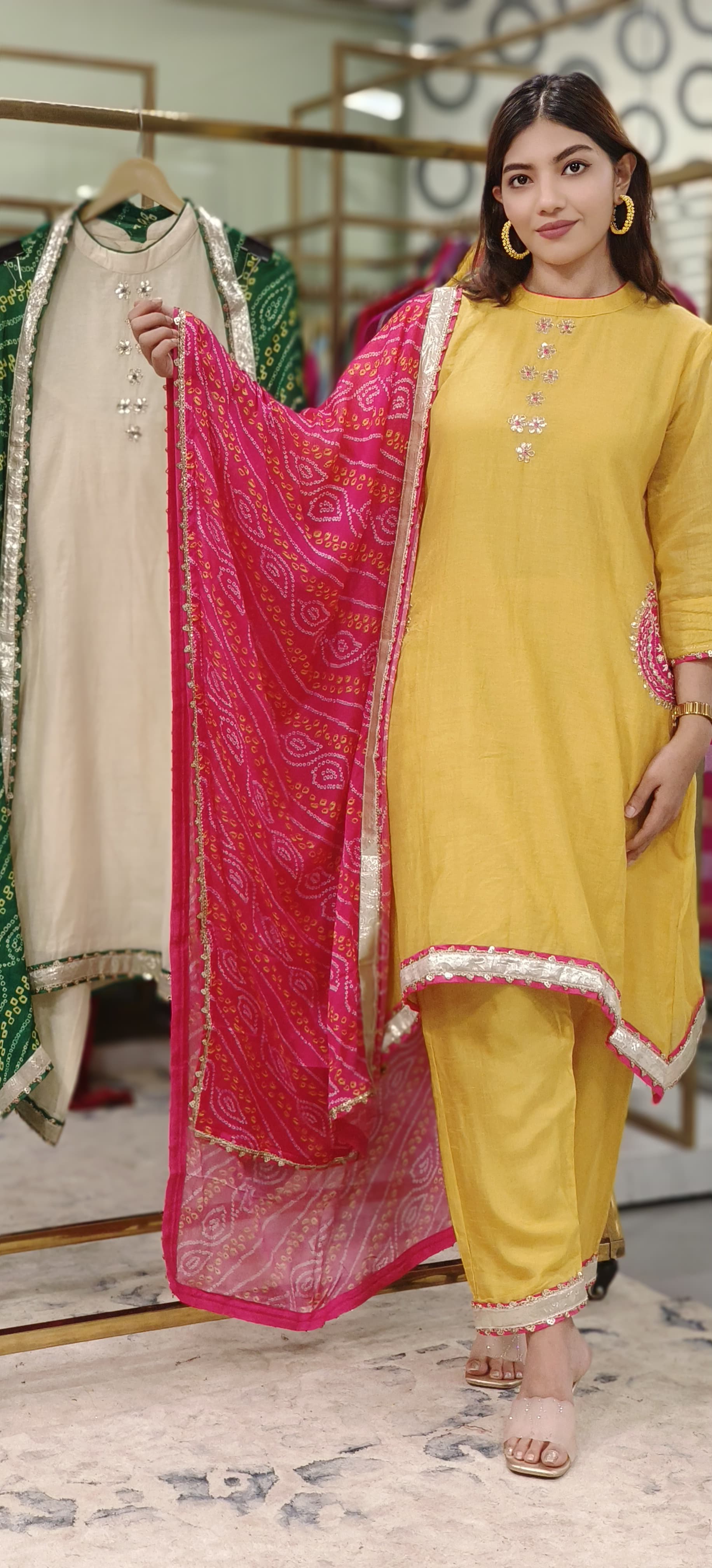 Minimal Work High & Low A-Line Full Suit Set With Bandhej Dupatta In Mul Chanderi Fabric