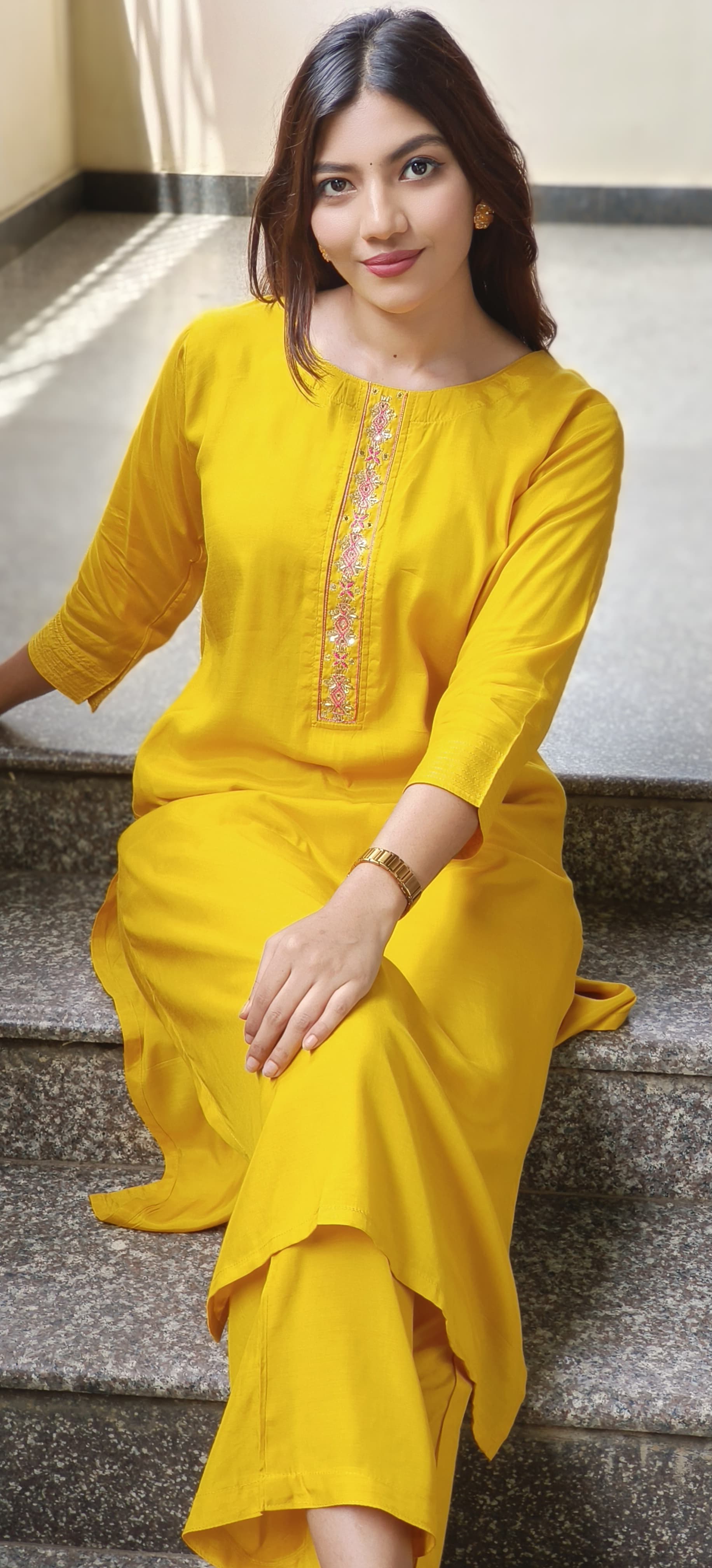 Minimal Embroidery Solid Straight Kurta Pant Set In Muslin Fabric(Lean Fit)