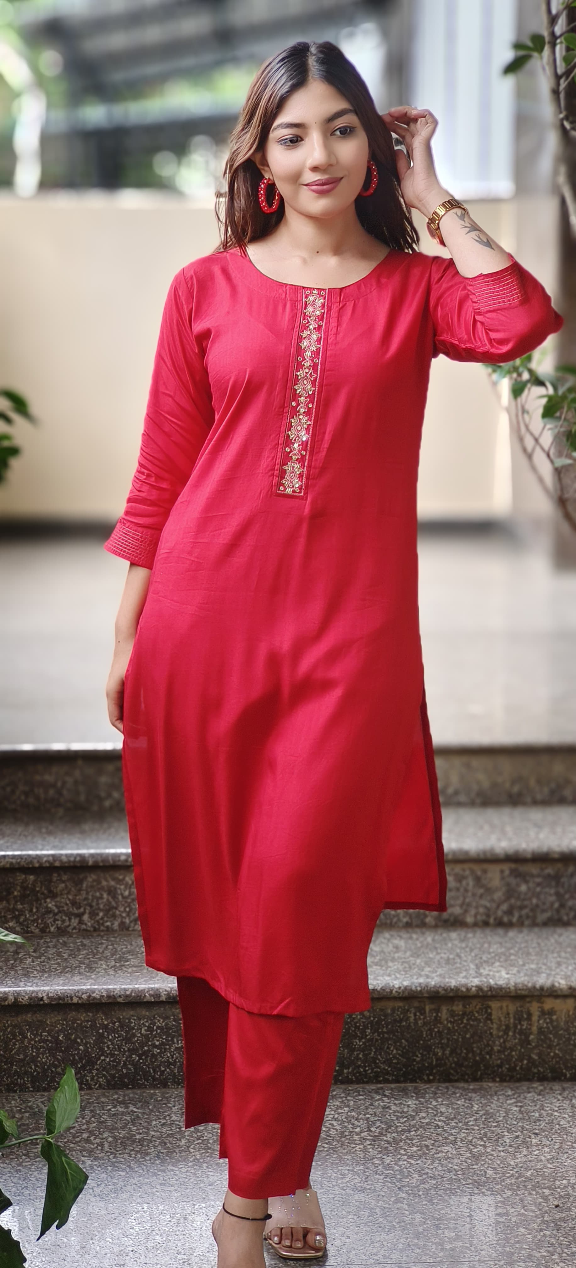 Minimal Embroidery Solid Straight Kurta Pant Set In Muslin Fabric(Lean Fit)