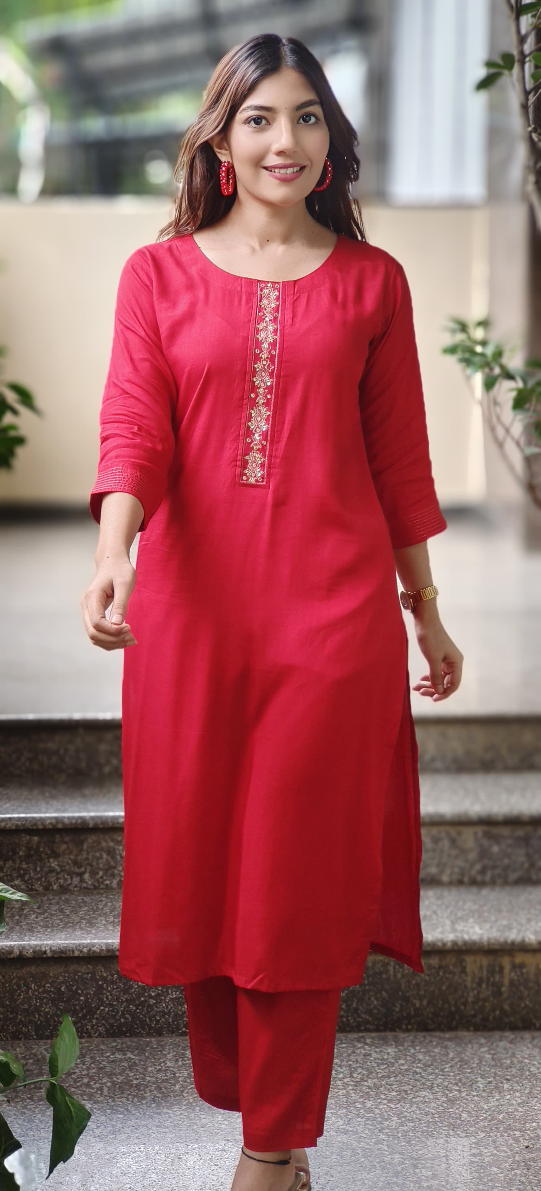Minimal Embroidery Solid Straight Kurta Pant Set In Muslin Fabric(Lean Fit)