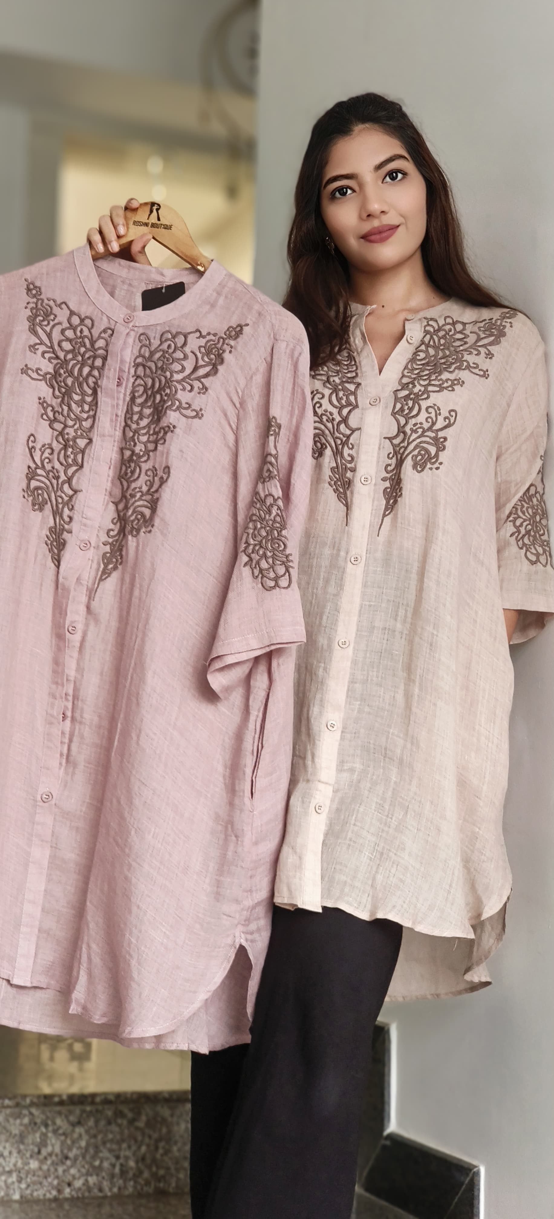 Pure Linen Embroidered Mandarin Collar Casual Shirt