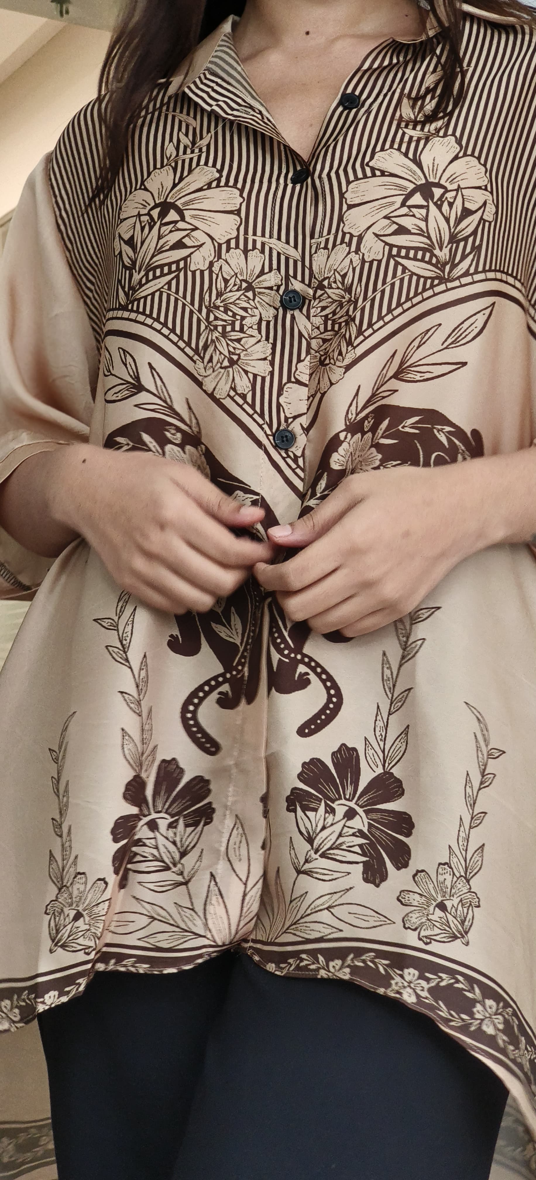 Color Mix Different Prints Collared Casual Long Shirt- 10544