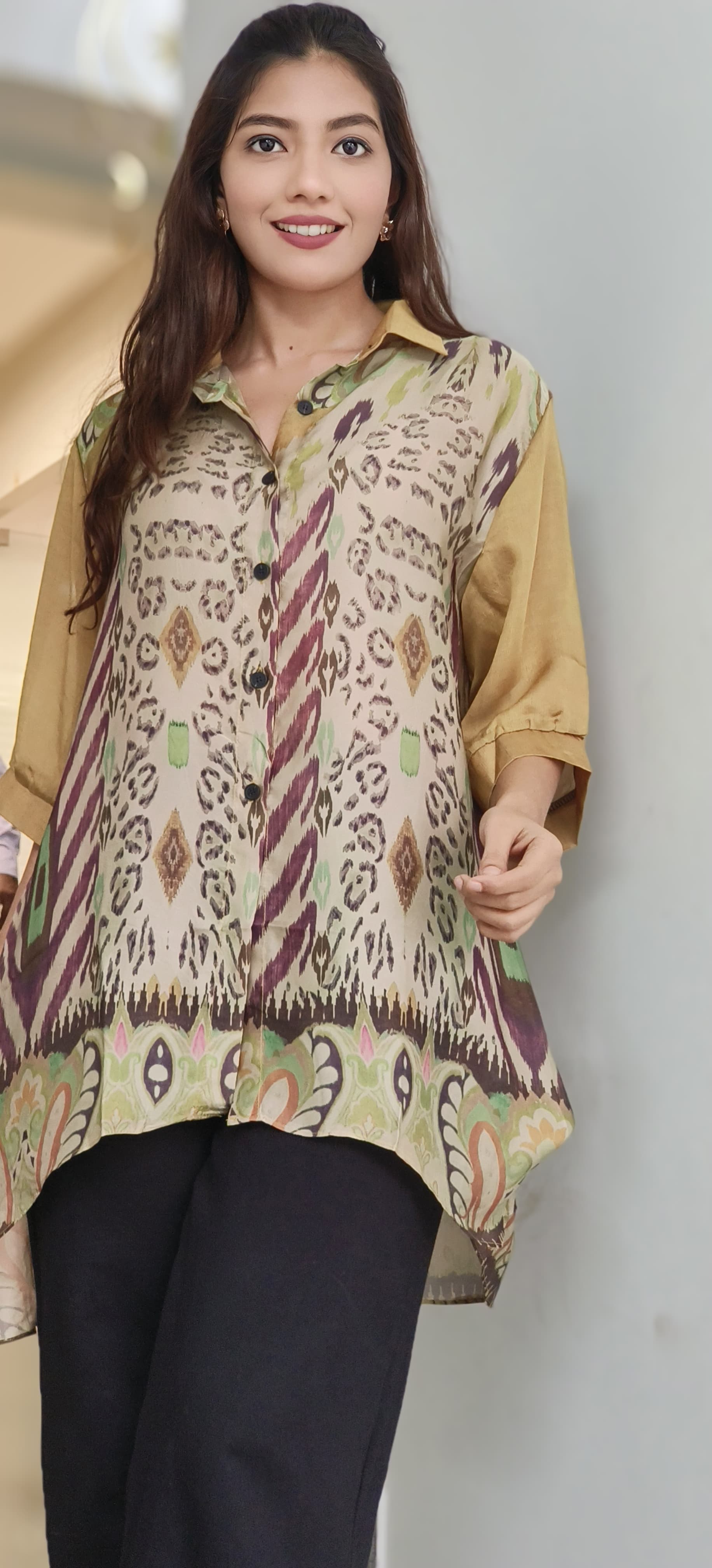 Color Mix Different Prints Collared Casual Long Shirt- 10544