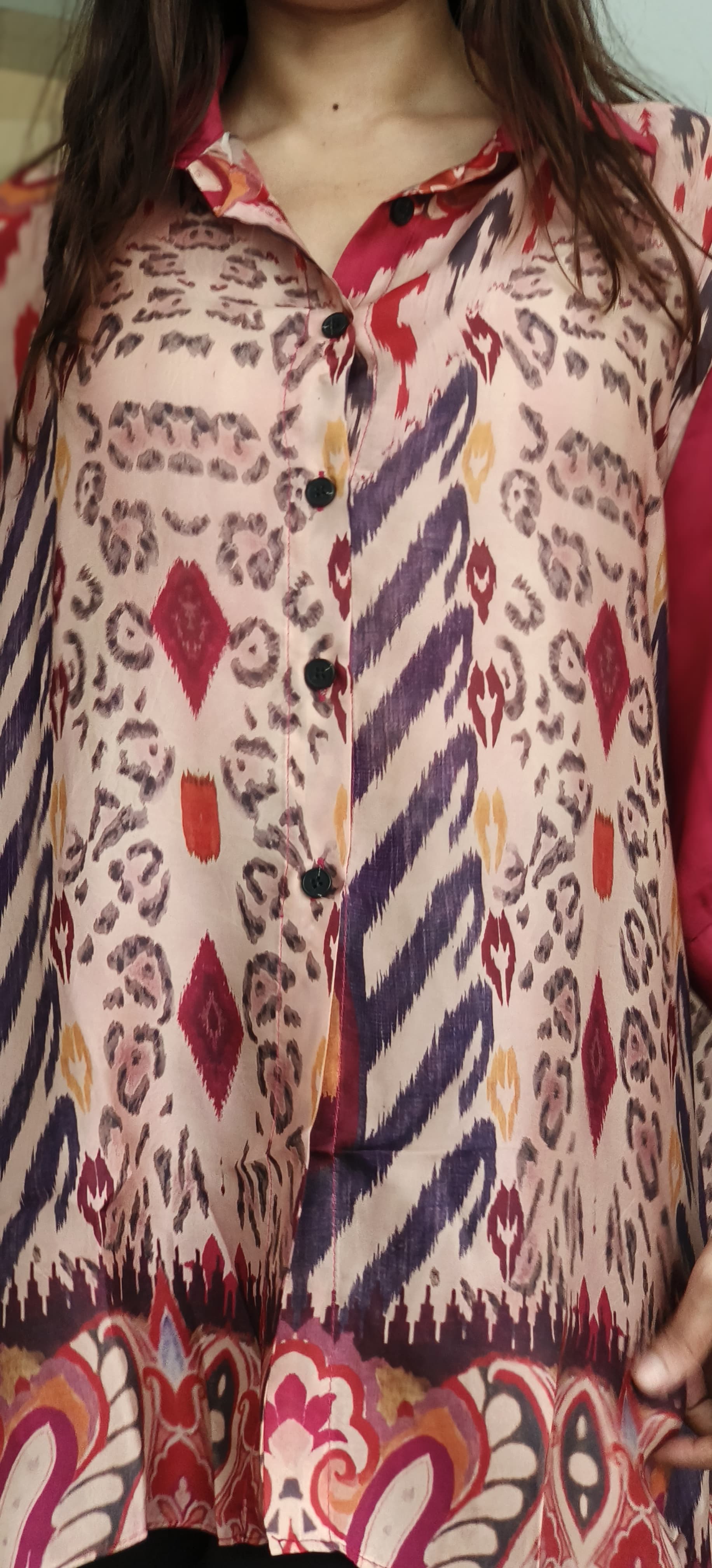 Color Mix Different Prints Collared Casual Long Shirt- 10544