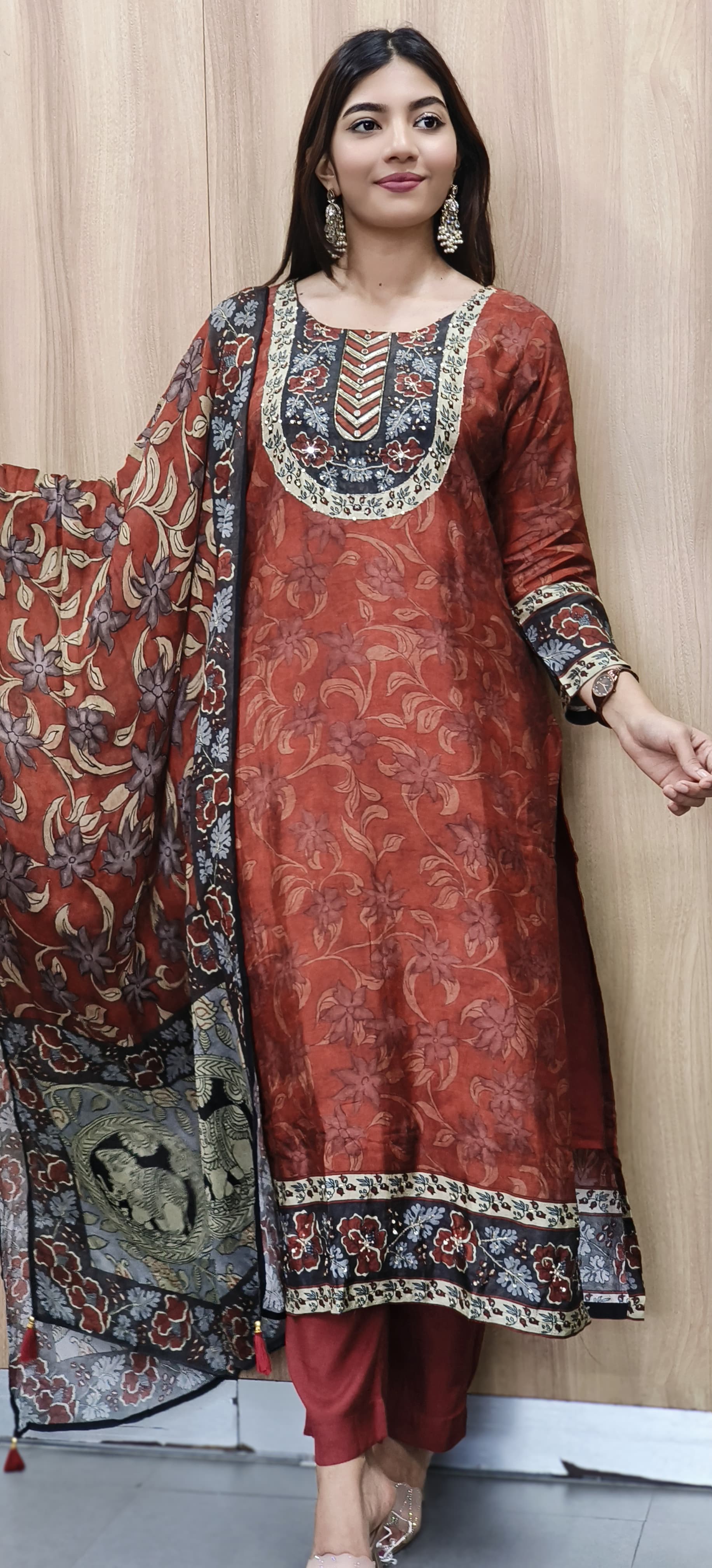 Graceful Rustic Animal Print Kalamkari Dola Silk Full Suit Set With Chinon Dupatta