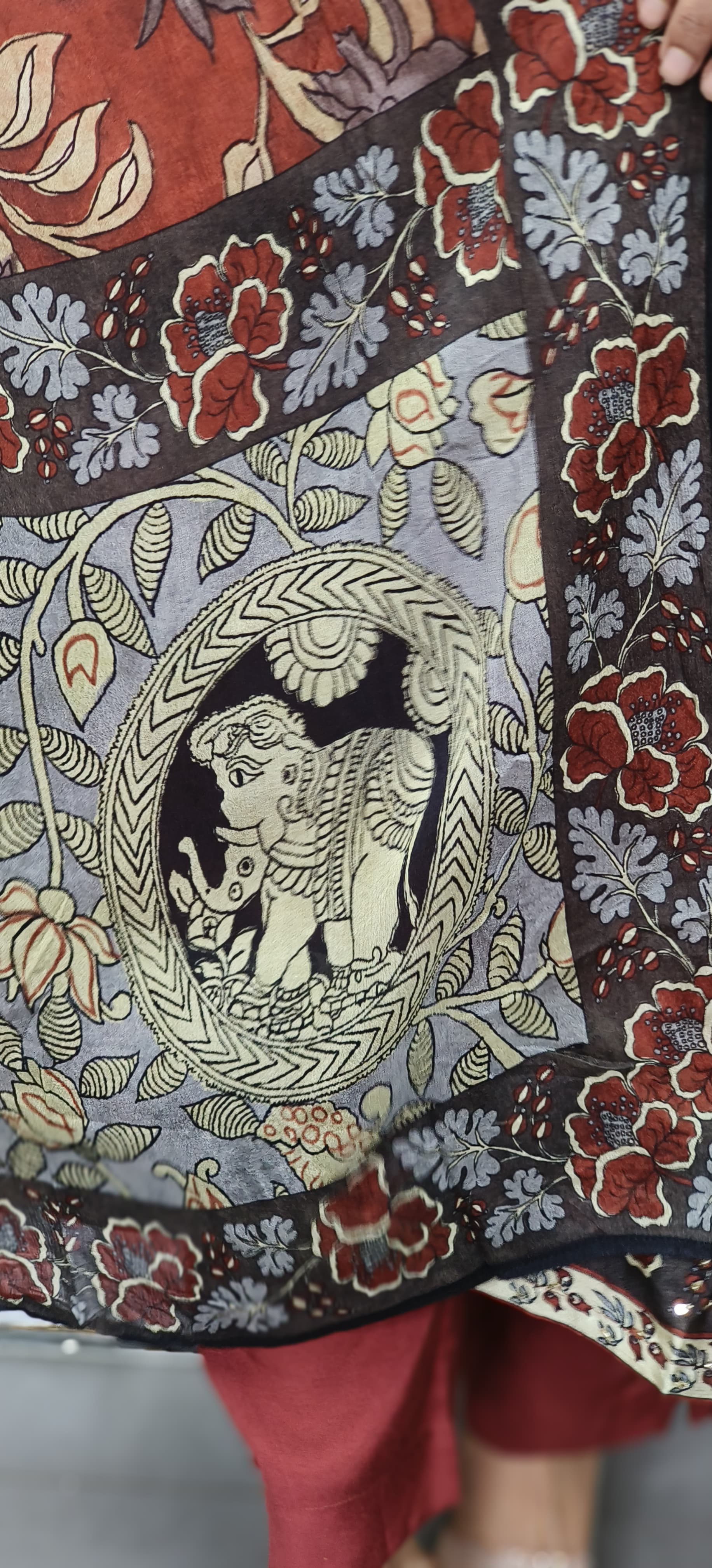 Graceful Rustic Animal Print Kalamkari Dola Silk Full Suit Set With Chinon Dupatta
