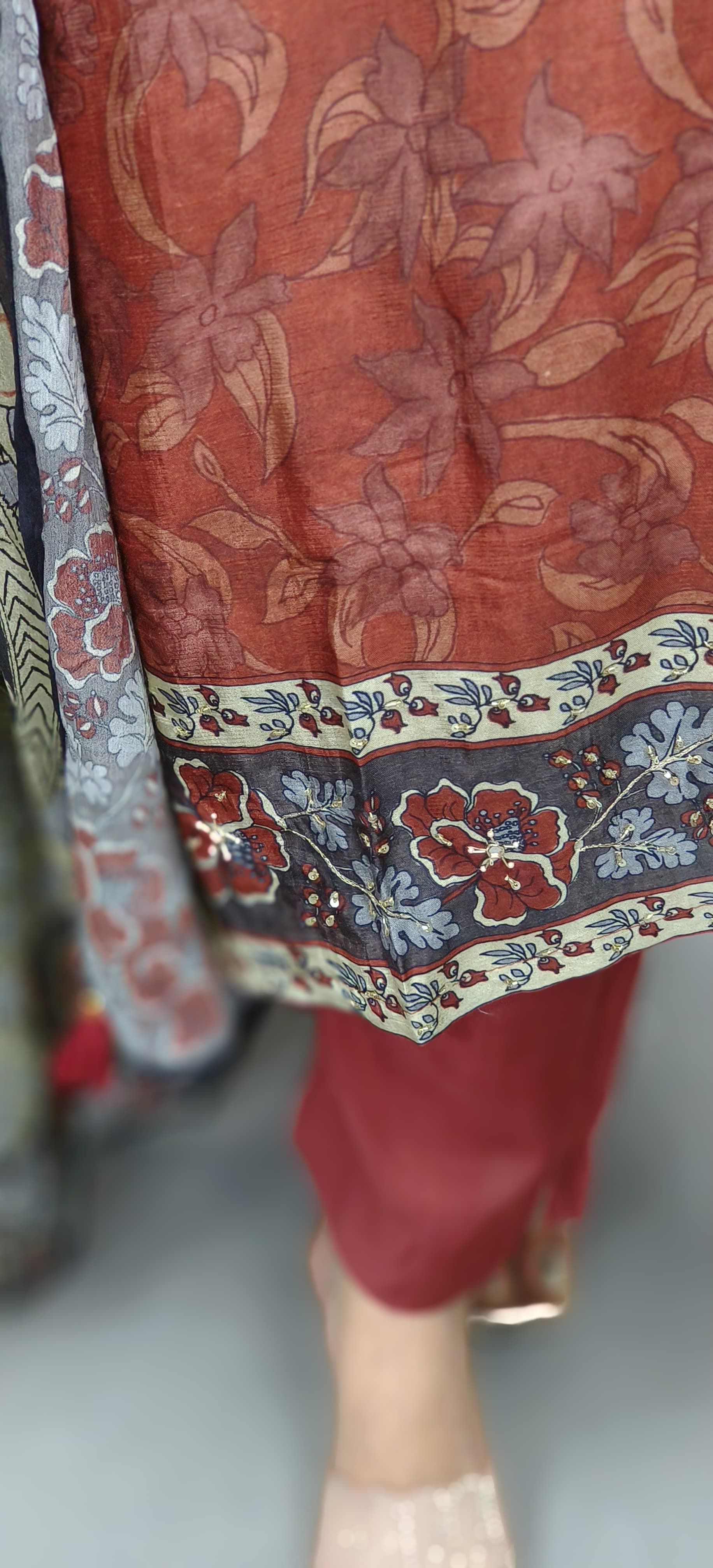 Graceful Rustic Animal Print Kalamkari Dola Silk Full Suit Set With Chinon Dupatta
