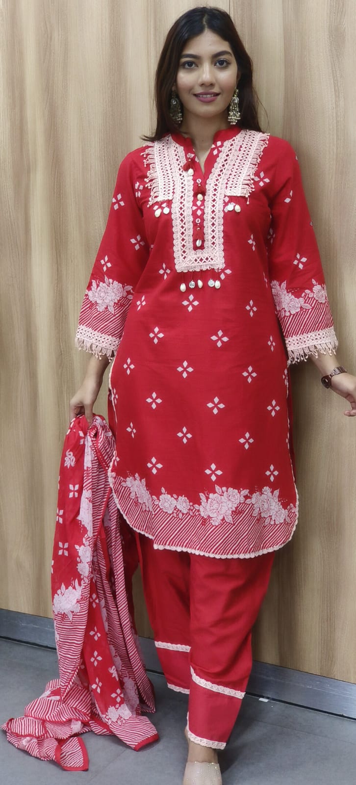 Bright Red Crosia Work Full Suit Set With Dupatta & Farsi Bottom In Cotton Fabric- 10456