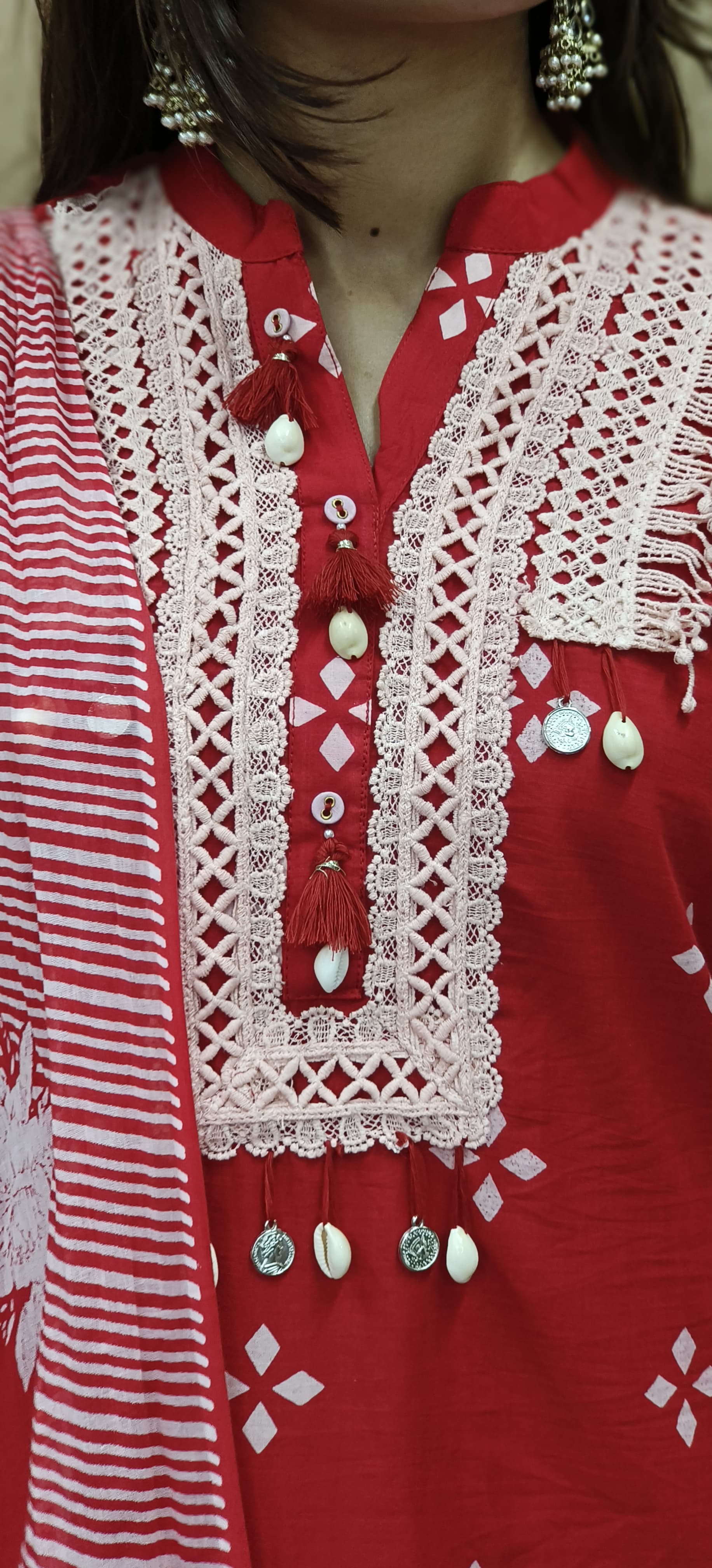 Bright Red Crosia Work Full Suit Set With Dupatta & Farsi Bottom In Cotton Fabric- 10456