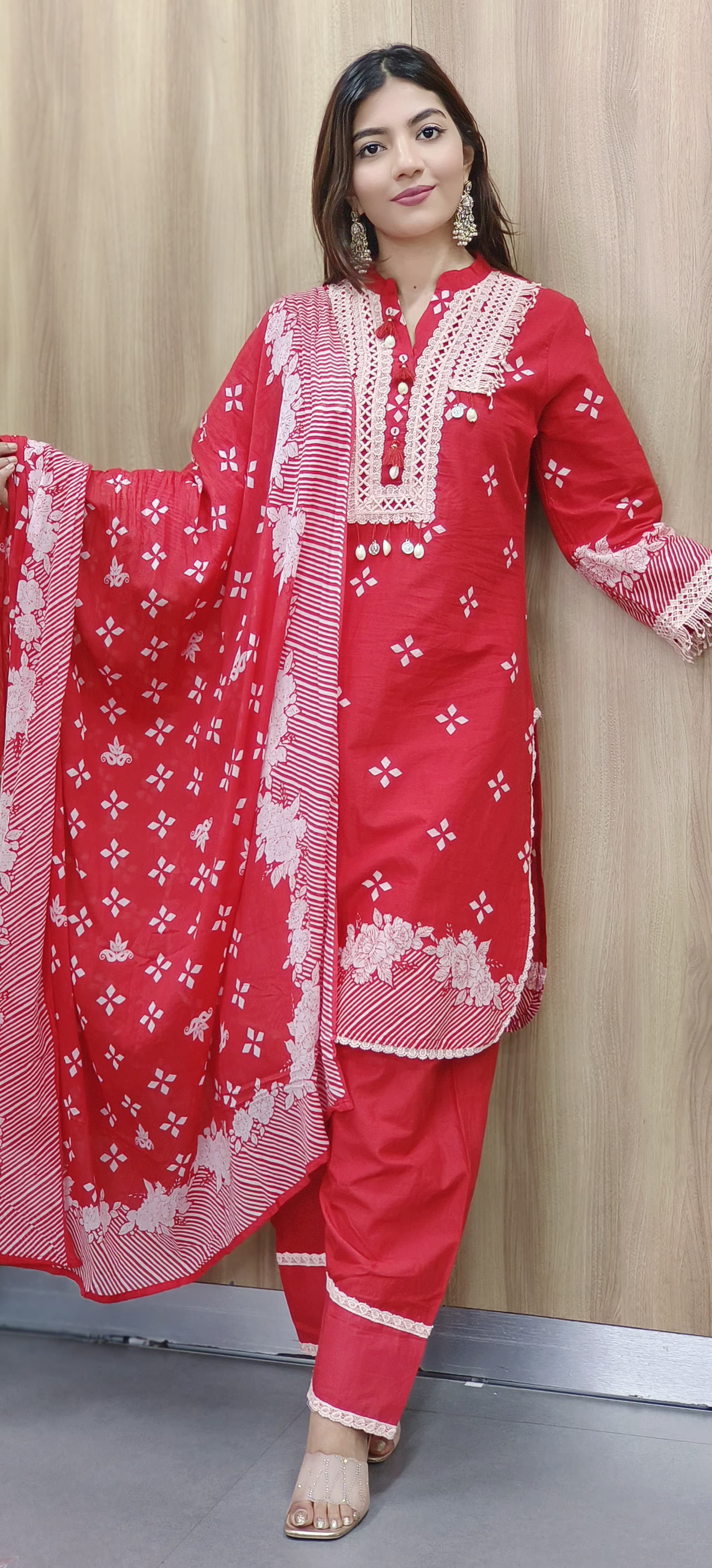 Bright Red Crosia Work Full Suit Set With Dupatta & Farsi Bottom In Cotton Fabric- 10456