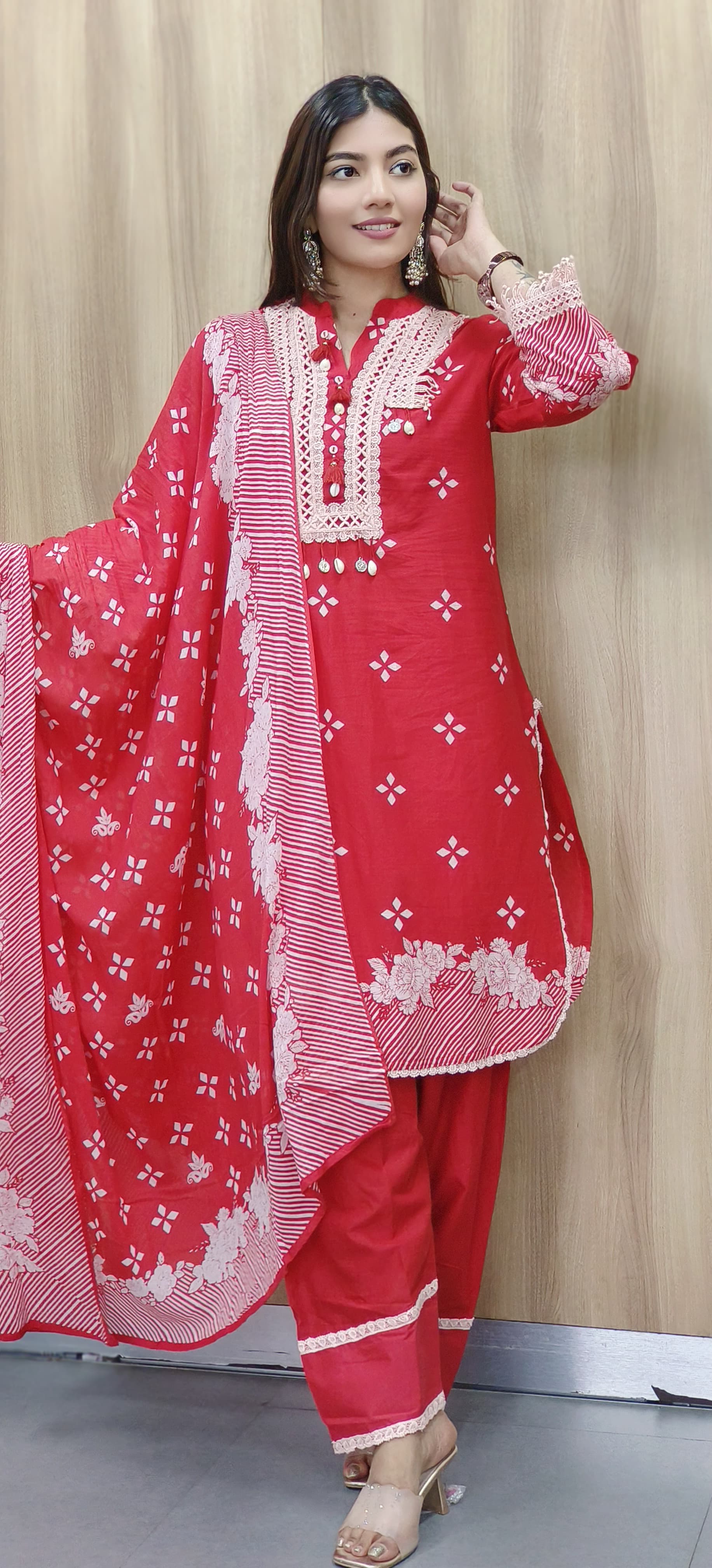 Bright Red Crosia Work Full Suit Set With Dupatta & Farsi Bottom In Cotton Fabric- 10456
