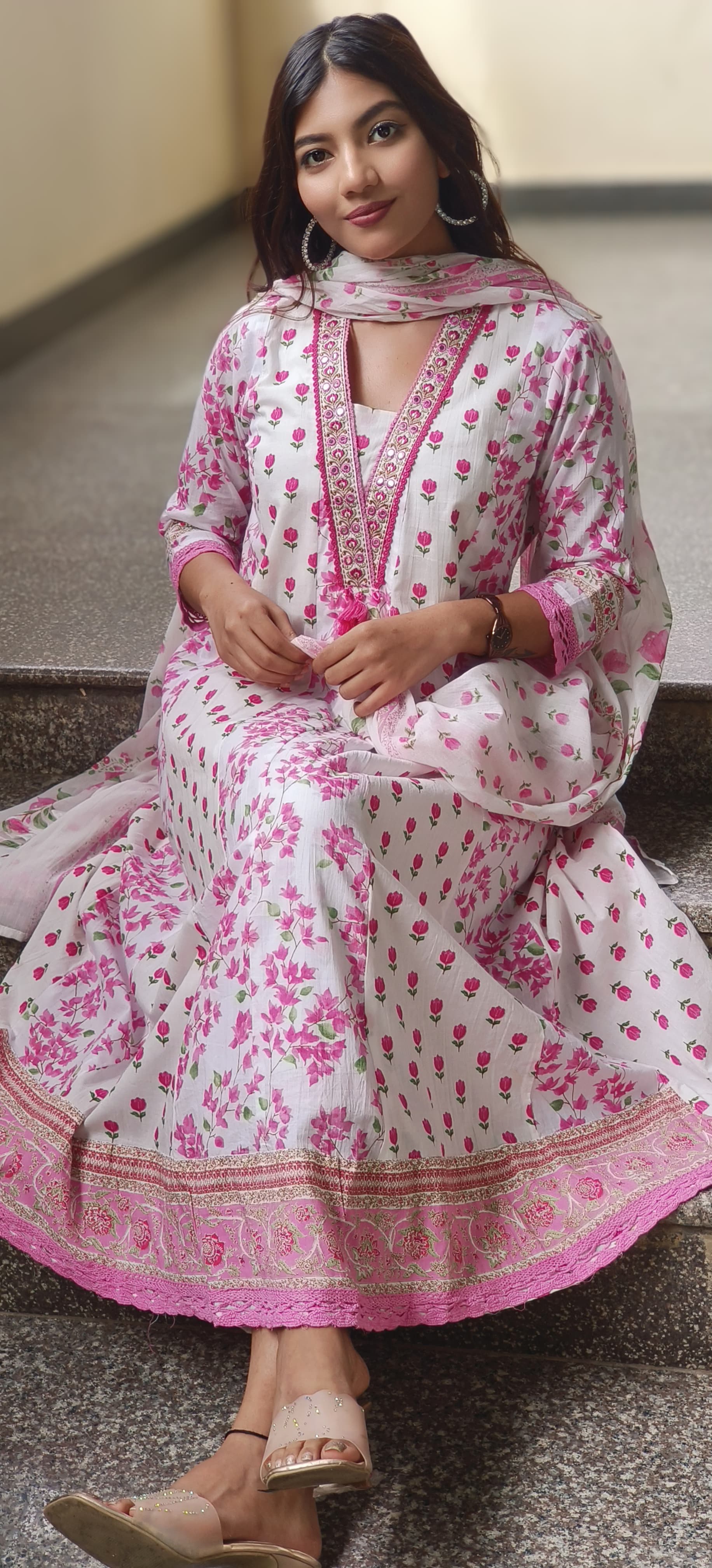 Floral Grace Printed Anarkali Full Suit Set With Dupatta In Cotton Fabric- 10454