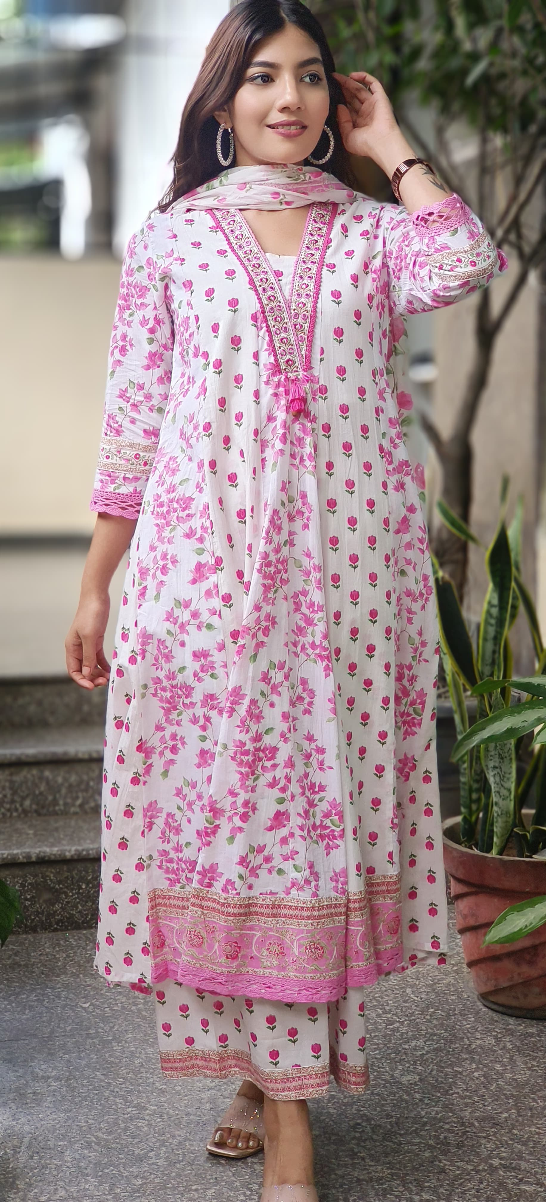 Floral Grace Printed Anarkali Full Suit Set With Dupatta In Cotton Fabric- 10454
