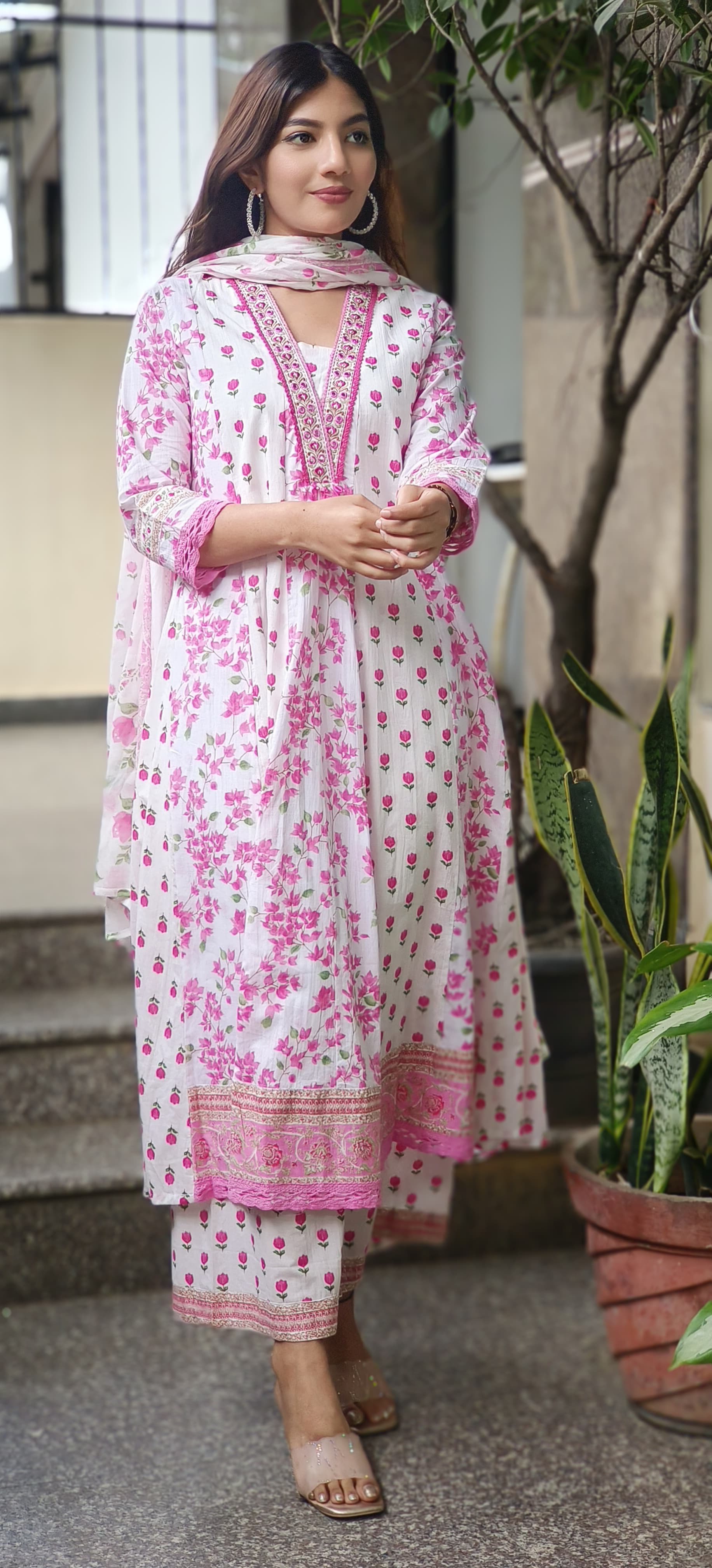 Floral Grace Printed Anarkali Full Suit Set With Dupatta In Cotton Fabric- 10454