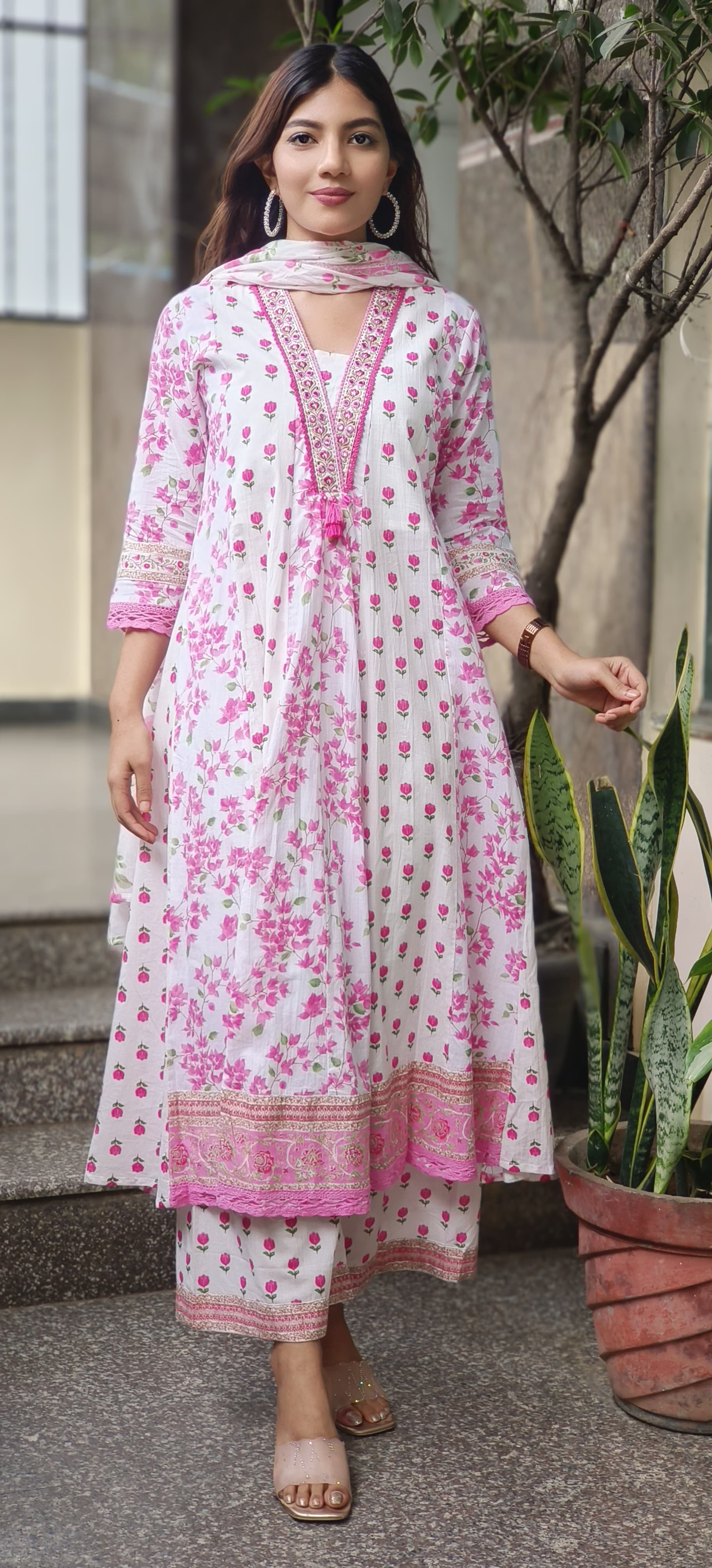 Floral Grace Printed Anarkali Full Suit Set With Dupatta In Cotton Fabric- 10454