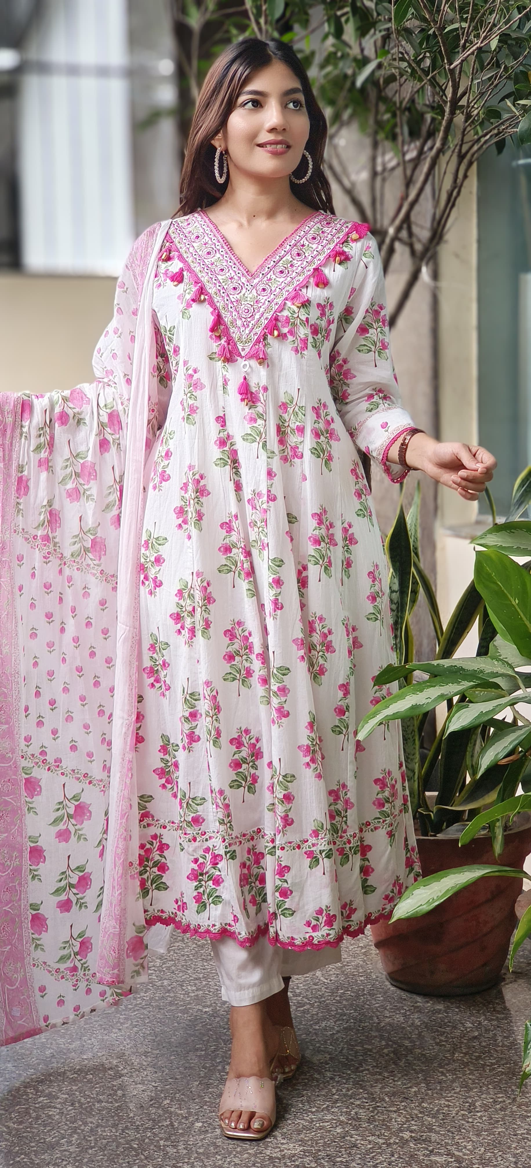 Beautiful V-Neck Embroidered Work Floral Anarkali Full Suit Dupatta In Cotton Fabric- 10458