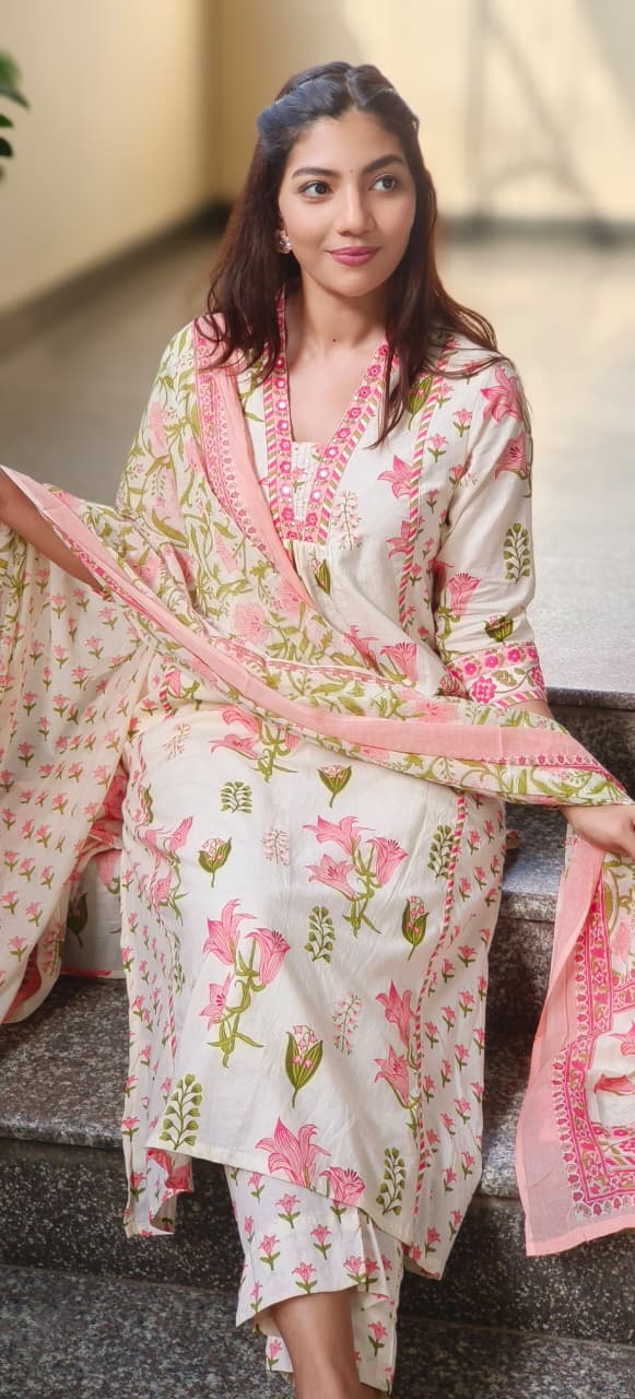V-Neck Floral Elegance A-Line Cotton Full Suit Set With Dupatta- 10384